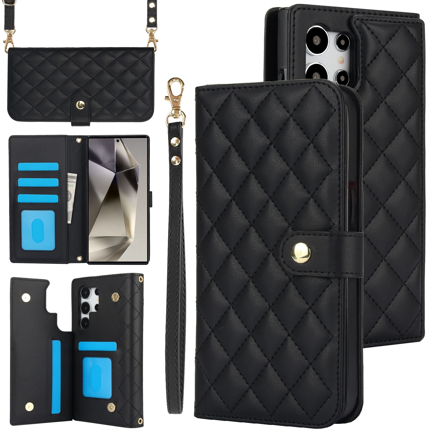 For Samsung Galaxy S24 Ultra 5G Crossbody Multifunction Rhombic Leather Phone Case(Black) For Samsung Galaxy S24 Ultra 5G Crossbody Multifunction Rhombic Leather Phone Case(Black)