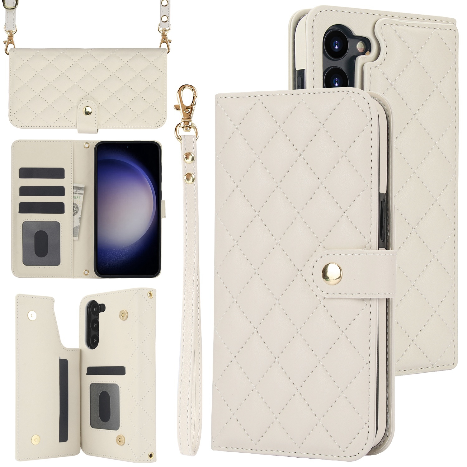 For Samsung Galaxy S23+ 5G Crossbody Multifunction Rhombic Leather Phone Case(White) For Samsung Galaxy S23+ 5G Crossbody Multifunction Rhombic Leather Phone Case(White)