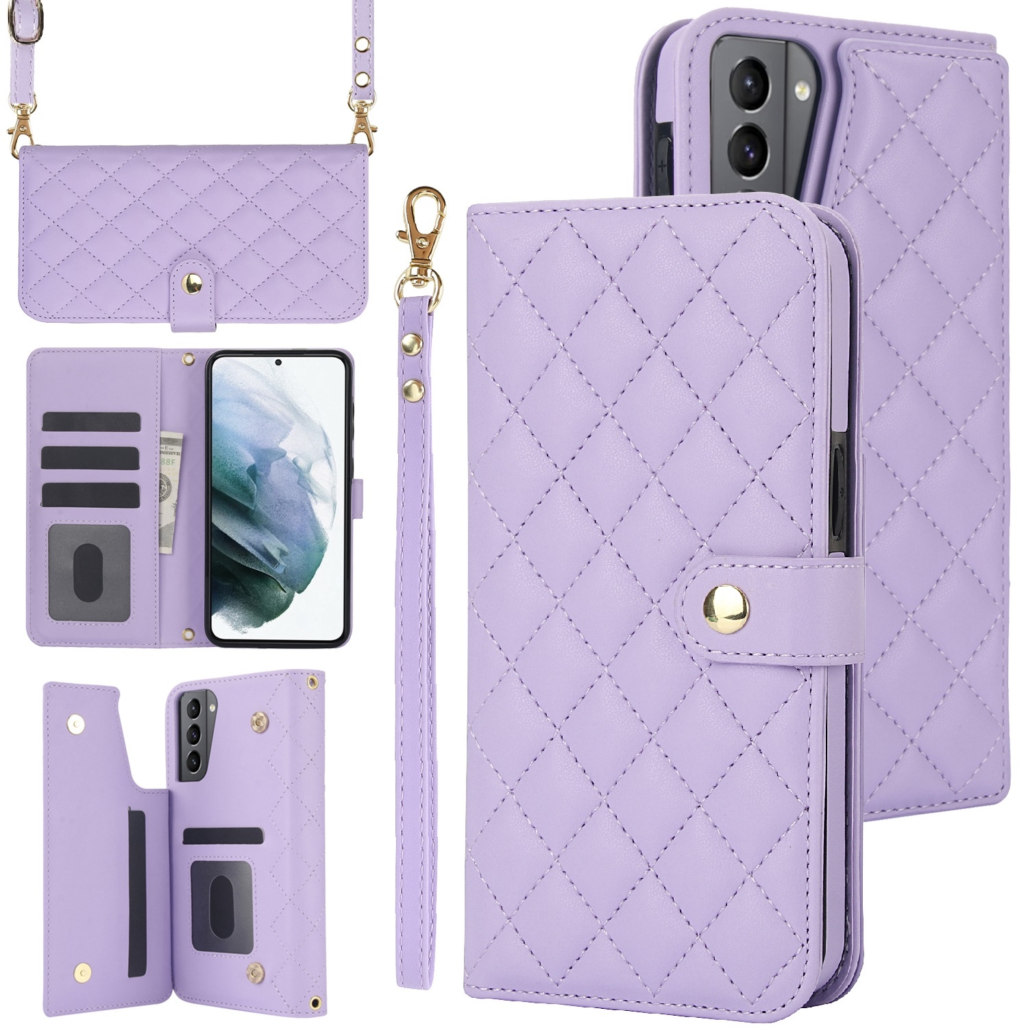 For Samsung Galaxy S22+ 5G Crossbody Multifunction Rhombic Leather Phone Case(Purple) For Samsung Galaxy S22+ 5G Crossbody Multifunction Rhombic Leather Phone Case(Purple)