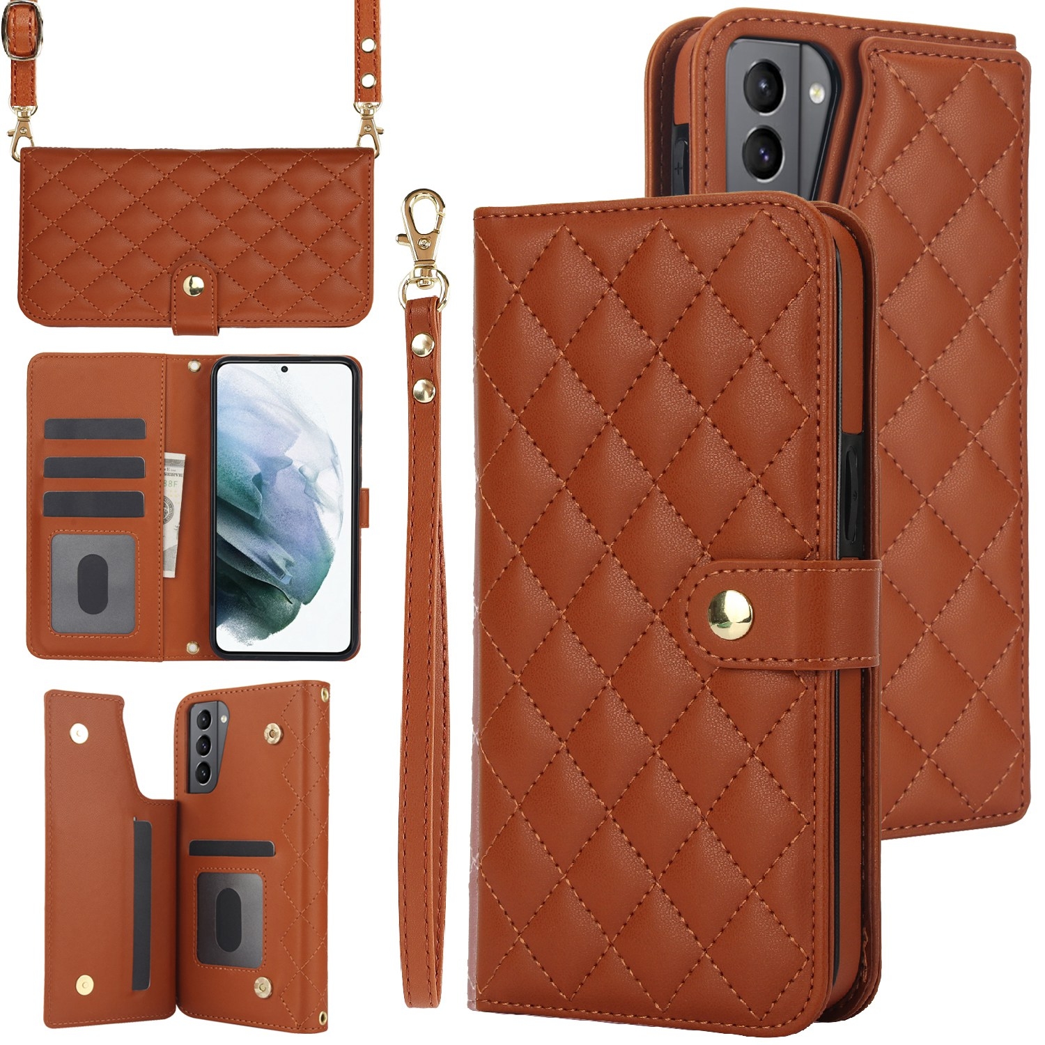 For Samsung Galaxy S22 5G Crossbody Multifunction Rhombic Leather Phone Case(Brown) For Samsung Galaxy S22 5G Crossbody Multifunction Rhombic Leather Phone Case(Brown)