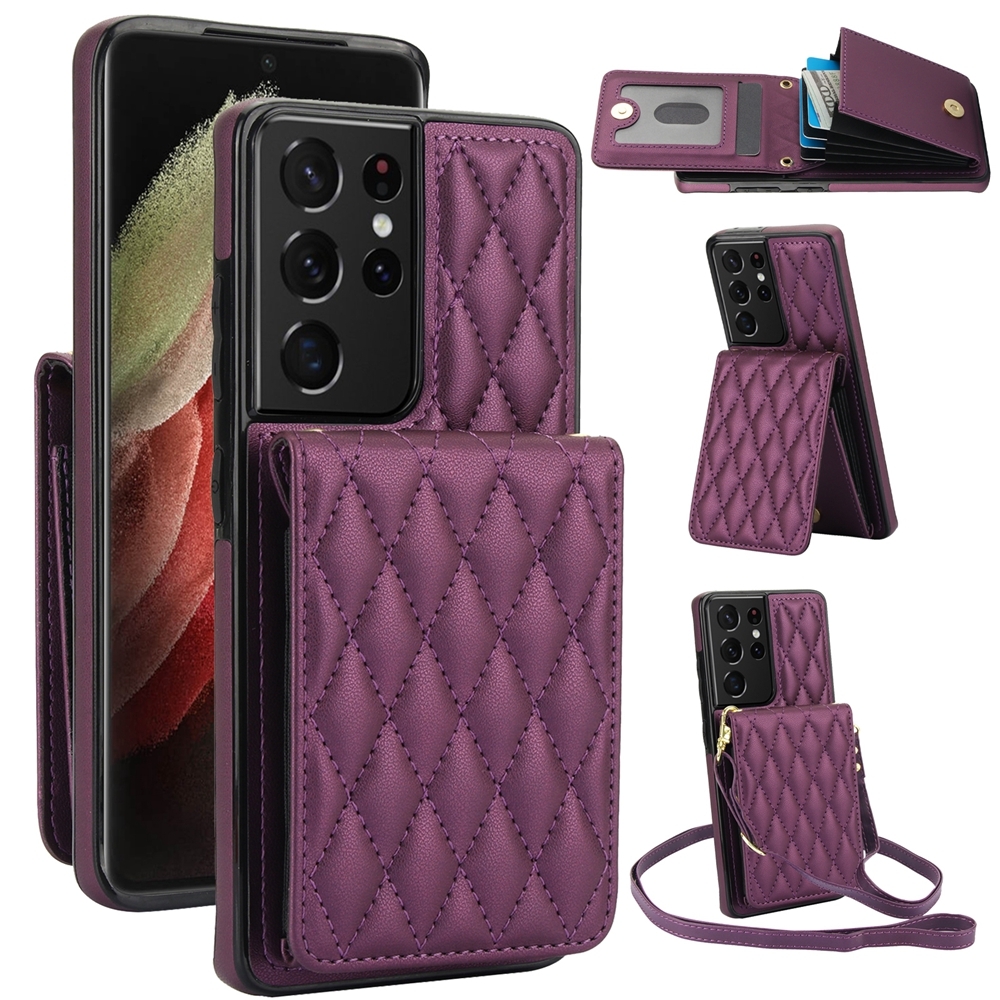 For Samsung Galaxy S21 Ultra 5G YM015 Crossbody Rhombic Card Bag RFID Phone Case(Dark Purple) For Samsung Galaxy S21 Ultra 5G YM015 Crossbody Rhombic Card Bag RFID Phone Case(Dark Purple)