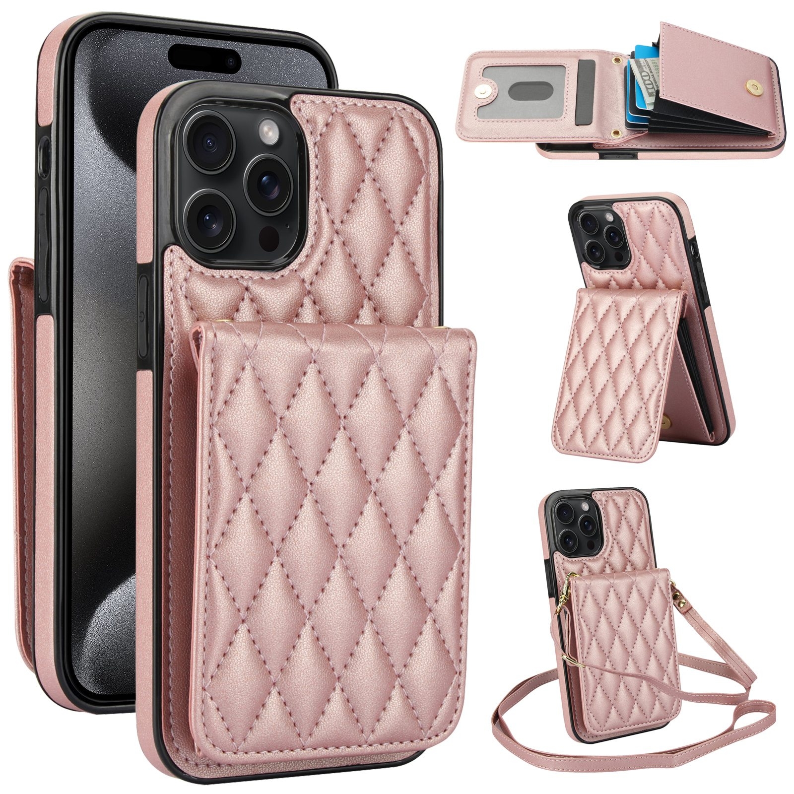 For iPhone 15 Pro YM015 Crossbody Rhombic Card Bag RFID Phone Case(Rose Gold) For iPhone 15 Pro YM015 Crossbody Rhombic Card Bag RFID Phone Case(Rose Gold)