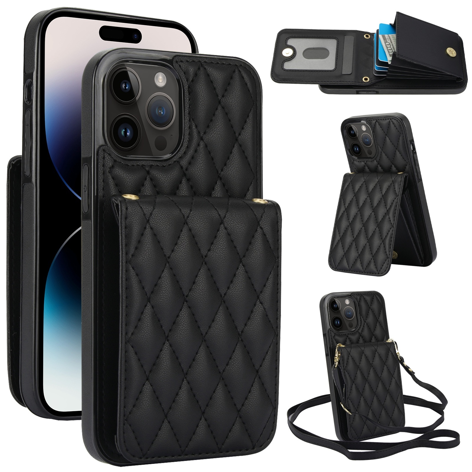 For iPhone 14 Pro Max YM015 Crossbody Rhombic Card Bag RFID Phone Case(Black) For iPhone 14 Pro Max YM015 Crossbody Rhombic Card Bag RFID Phone Case(Black)