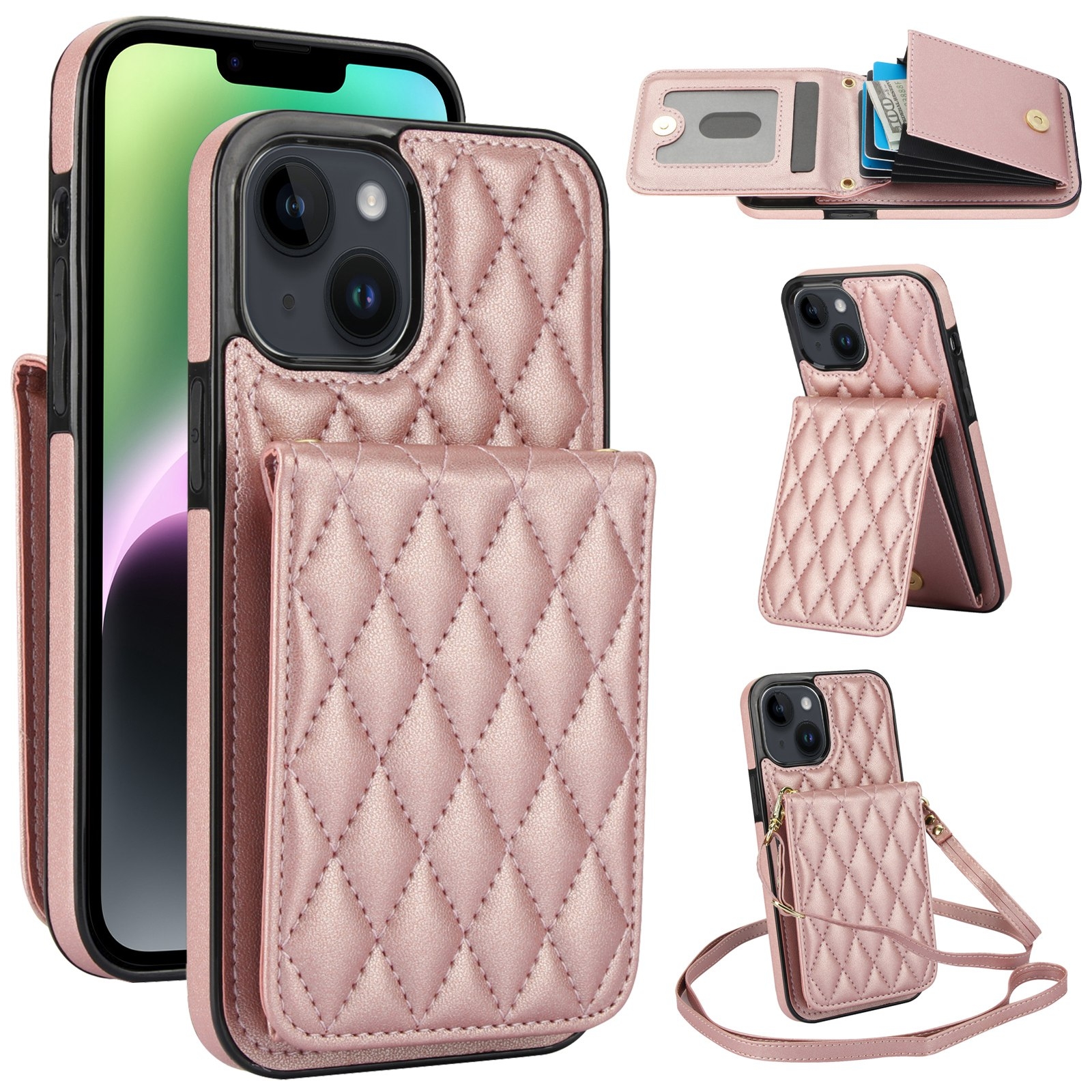 For iPhone 14 YM015 Crossbody Rhombic Card Bag RFID Phone Case(Rose Gold) For iPhone 14 YM015 Crossbody Rhombic Card Bag RFID Phone Case(Rose Gold)