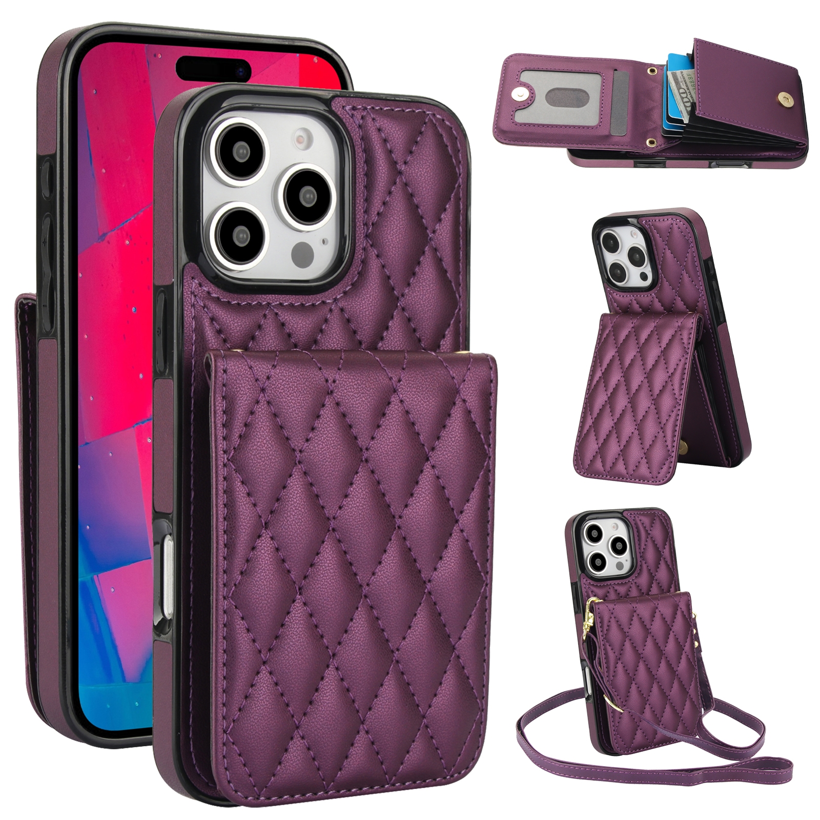 For iPhone 16 Pro YM015 Crossbody Rhombic Card Bag RFID Phone Case(Dark Purple) For iPhone 16 Pro YM015 Crossbody Rhombic Card Bag RFID Phone Case(Dark Purple)