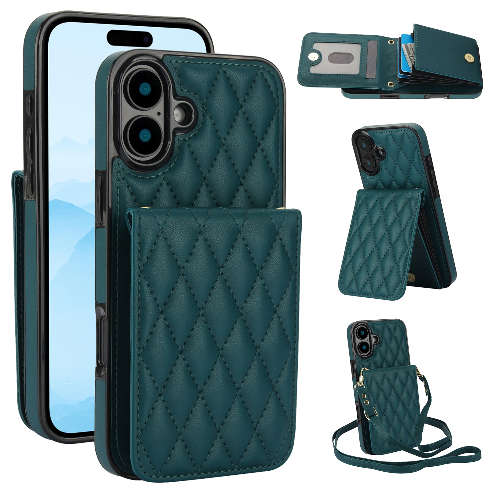 For iPhone 16 YM015 Crossbody Rhombic Card Bag RFID Phone Case(Green) For iPhone 16 YM015 Crossbody Rhombic Card Bag RFID Phone Case(Green)