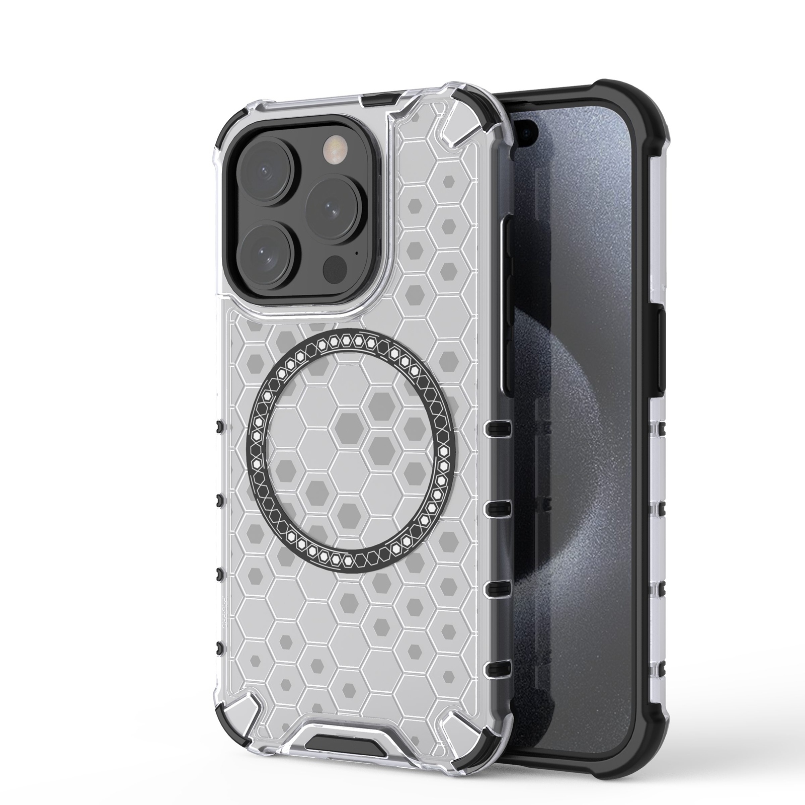 For iPhone 15 Pro Honeycomb Magnetic Ring Shockproof Phone Case(White) For iPhone 15 Pro Honeycomb Magnetic Ring Shockproof Phone Case(White)