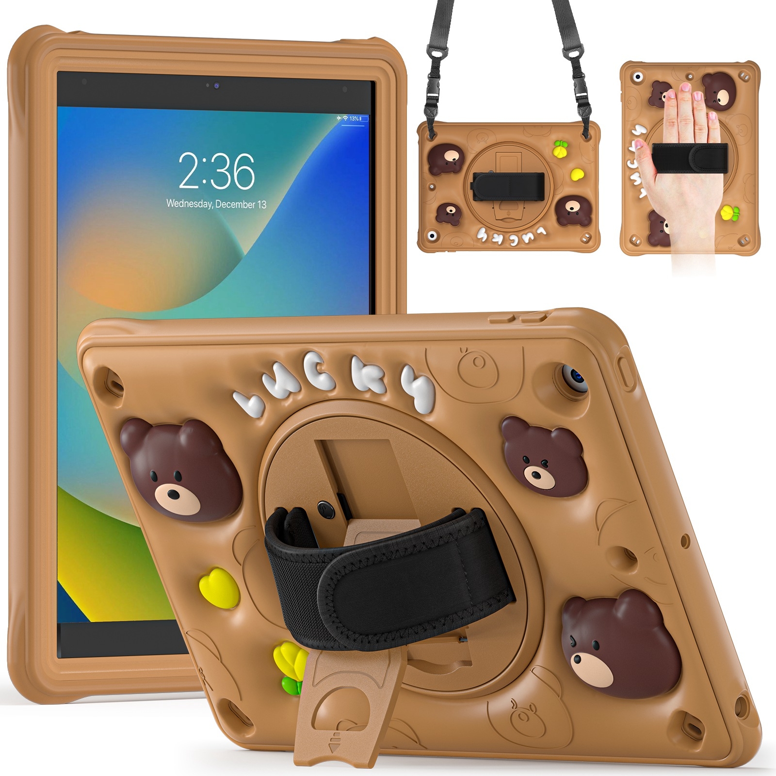 Bear Rotation Kickstand Silicone Hybrid PC Tablet Case For iPad 10.2 2021/2020/2019(Brown) Bear Rotation Kickstand Silicone Hybrid PC Tablet Case For iPad 10.2 2021/2020/2019(Brown)
