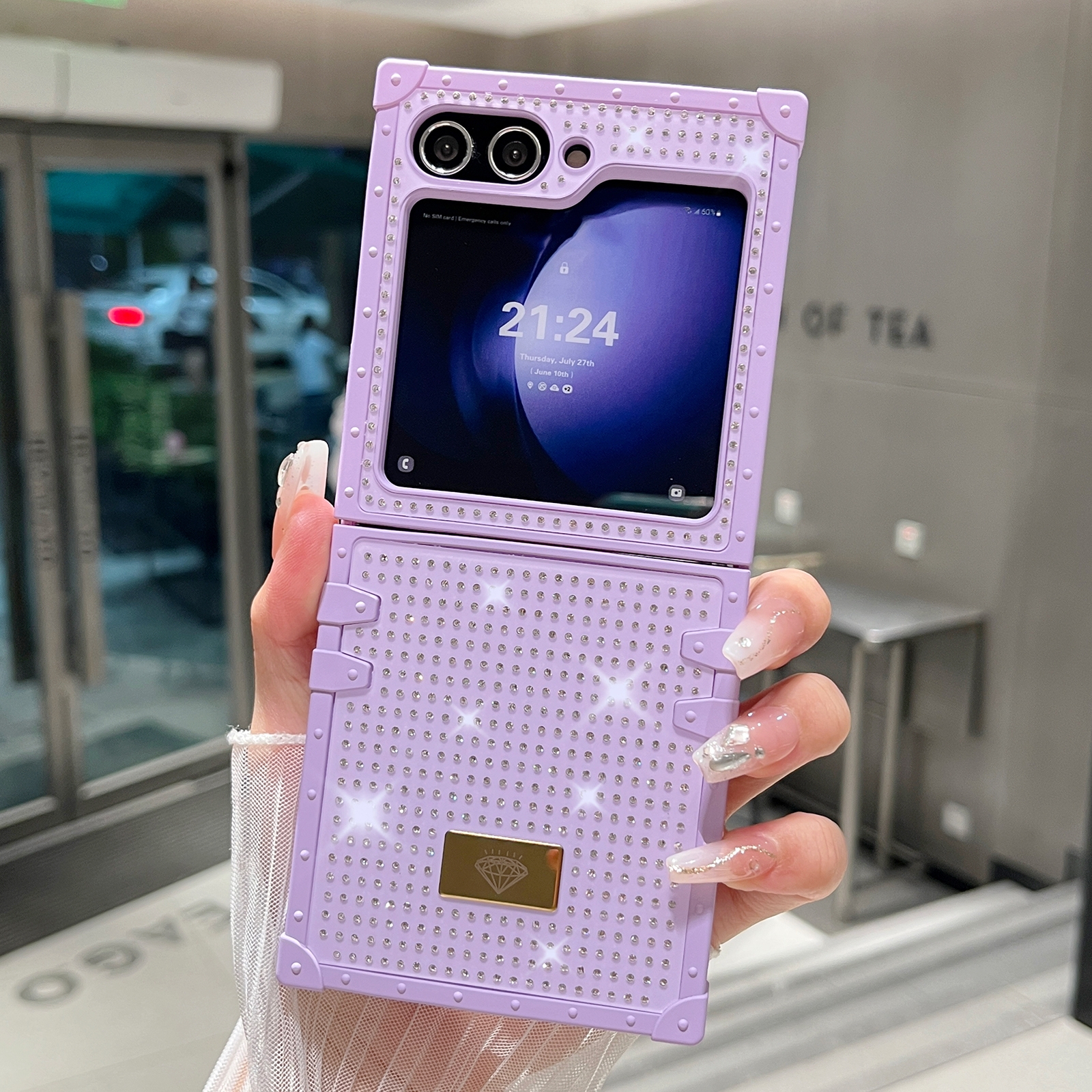 For Samsung Galaxy Z Flip5 5G PC Full Diamond Shockproof Folding Phone Case with Diamond Logo(Purple) For Samsung Galaxy Z Flip5 5G PC Full Diamond Shockproof Folding Phone Case with Diamond Logo(Purple)
