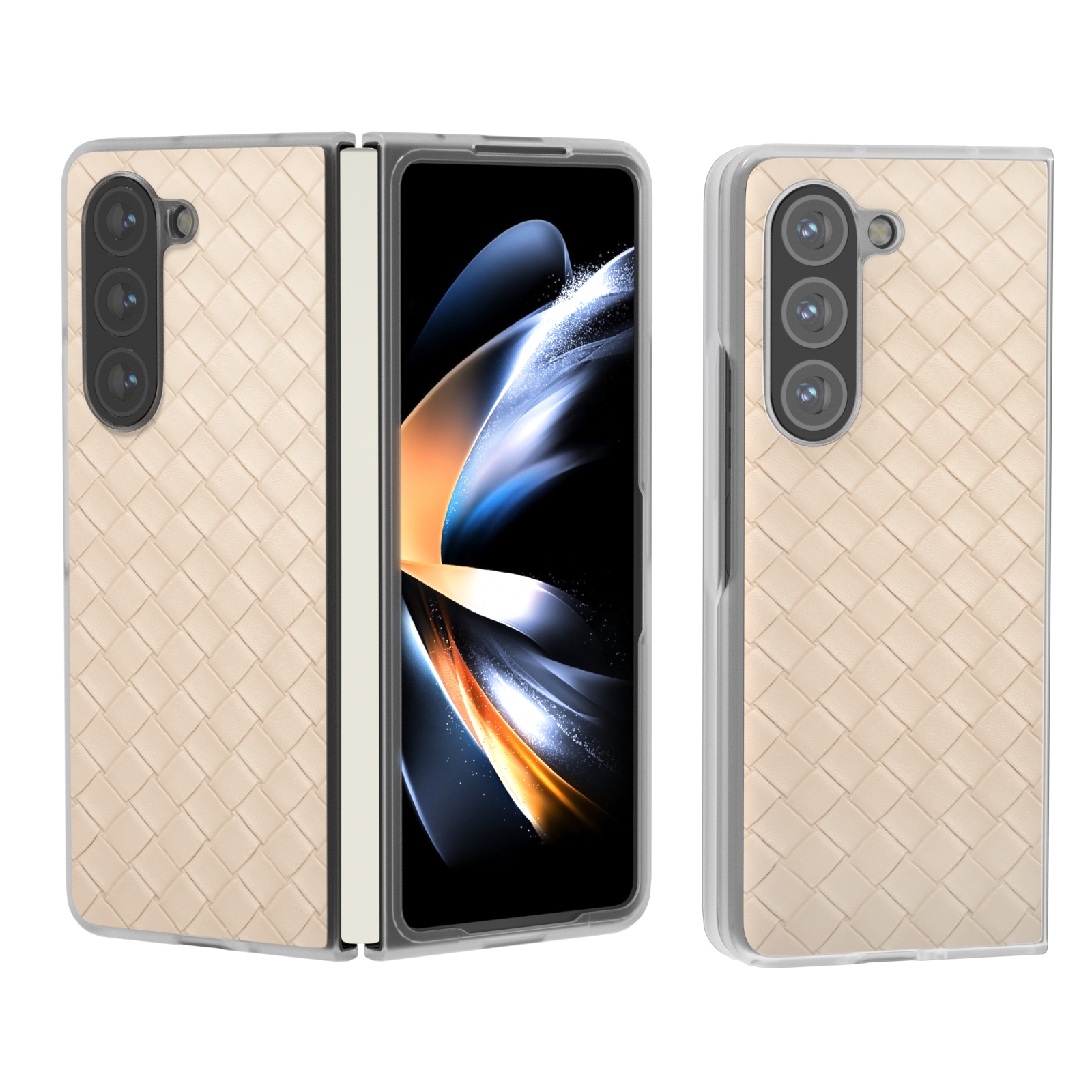For Samsung Galaxy Z Fold5 5G Woven Texture Frosted Translucent Frame PU Phone Case(Beige) For Samsung Galaxy Z Fold5 5G Woven Texture Frosted Translucent Frame PU Phone Case(Beige)