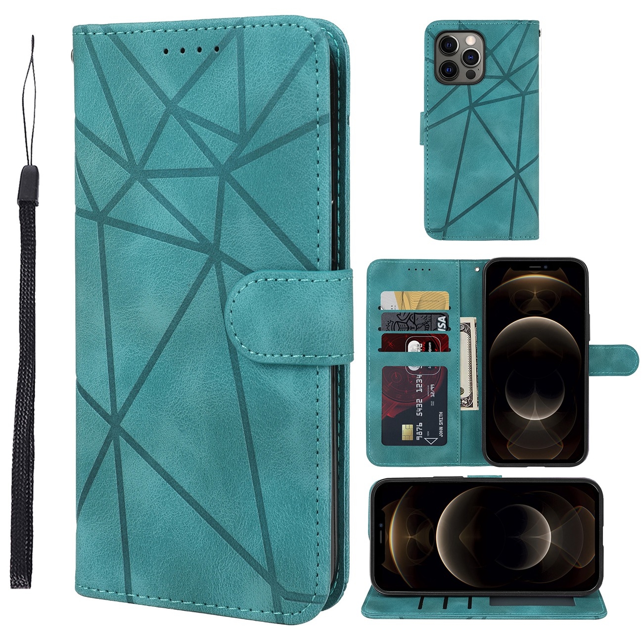 For iPhone 12 Pro Max Skin Feel Geometric Lines Leather Phone Case(Green) For iPhone 12 Pro Max Skin Feel Geometric Lines Leather Phone Case(Green)
