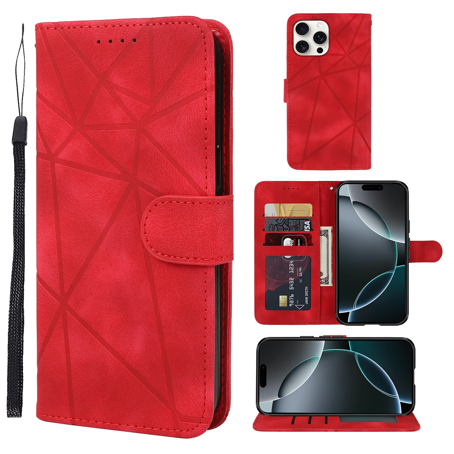 For iPhone 16 Pro Skin Feel Geometric Lines Leather Phone Case(Red) For iPhone 16 Pro Skin Feel Geometric Lines Leather Phone Case(Red)