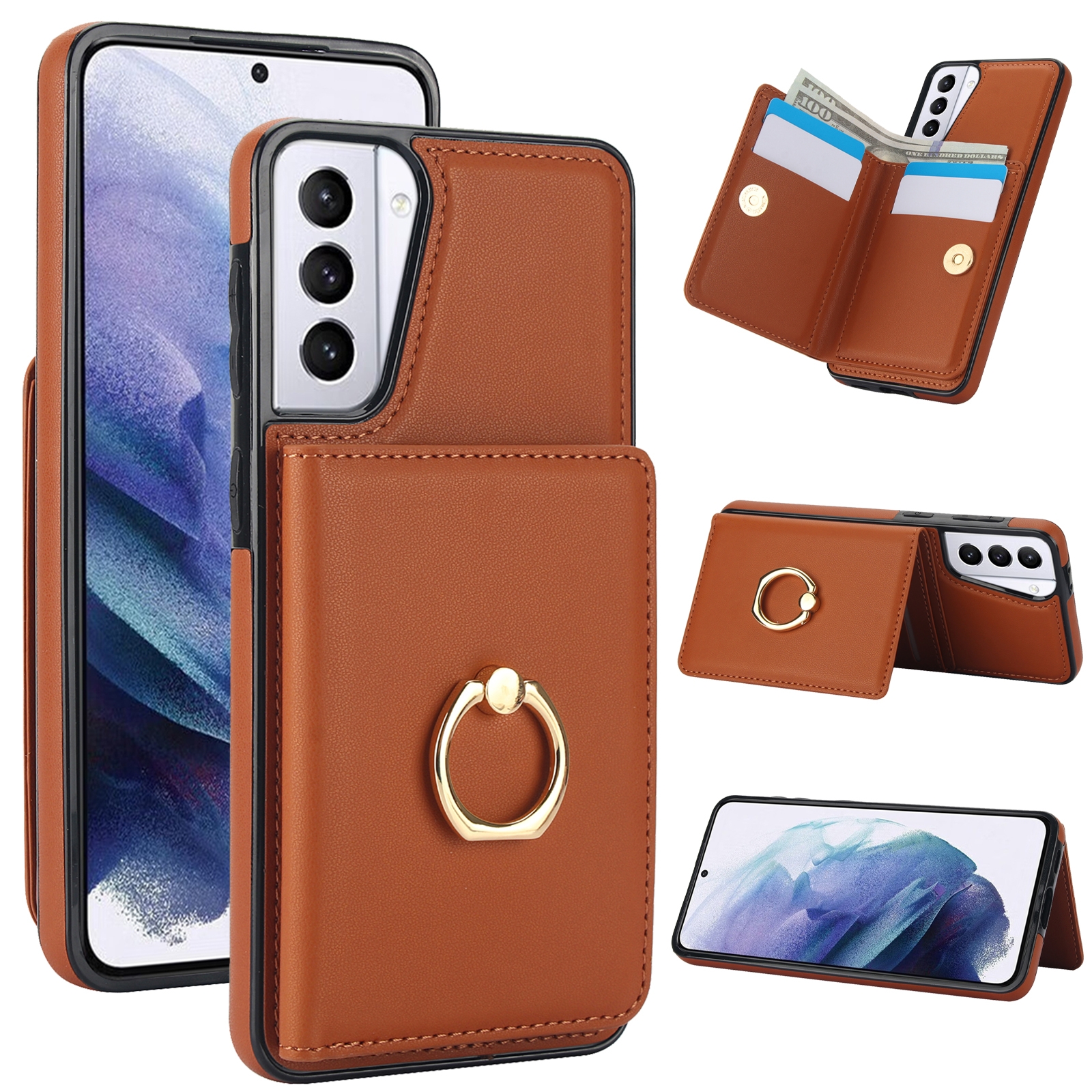For Samsung Galaxy S21 5G RFID Anti-theft Card Ring Holder Phone Case(Brown) For Samsung Galaxy S21 5G RFID Anti-theft Card Ring Holder Phone Case(Brown)