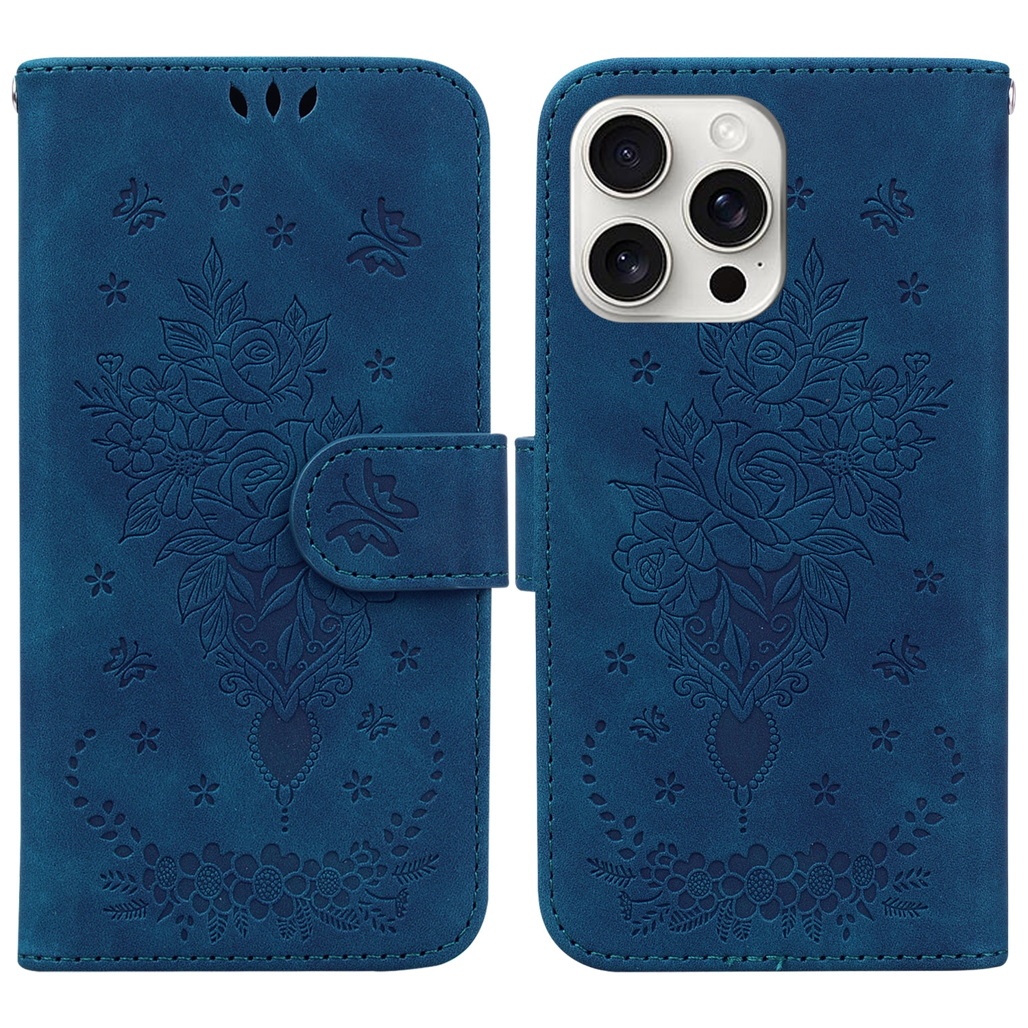 For iPhone 16 Pro Butterfly Rose Embossed Leather Phone Case(Blue) For iPhone 16 Pro Butterfly Rose Embossed Leather Phone Case(Blue)