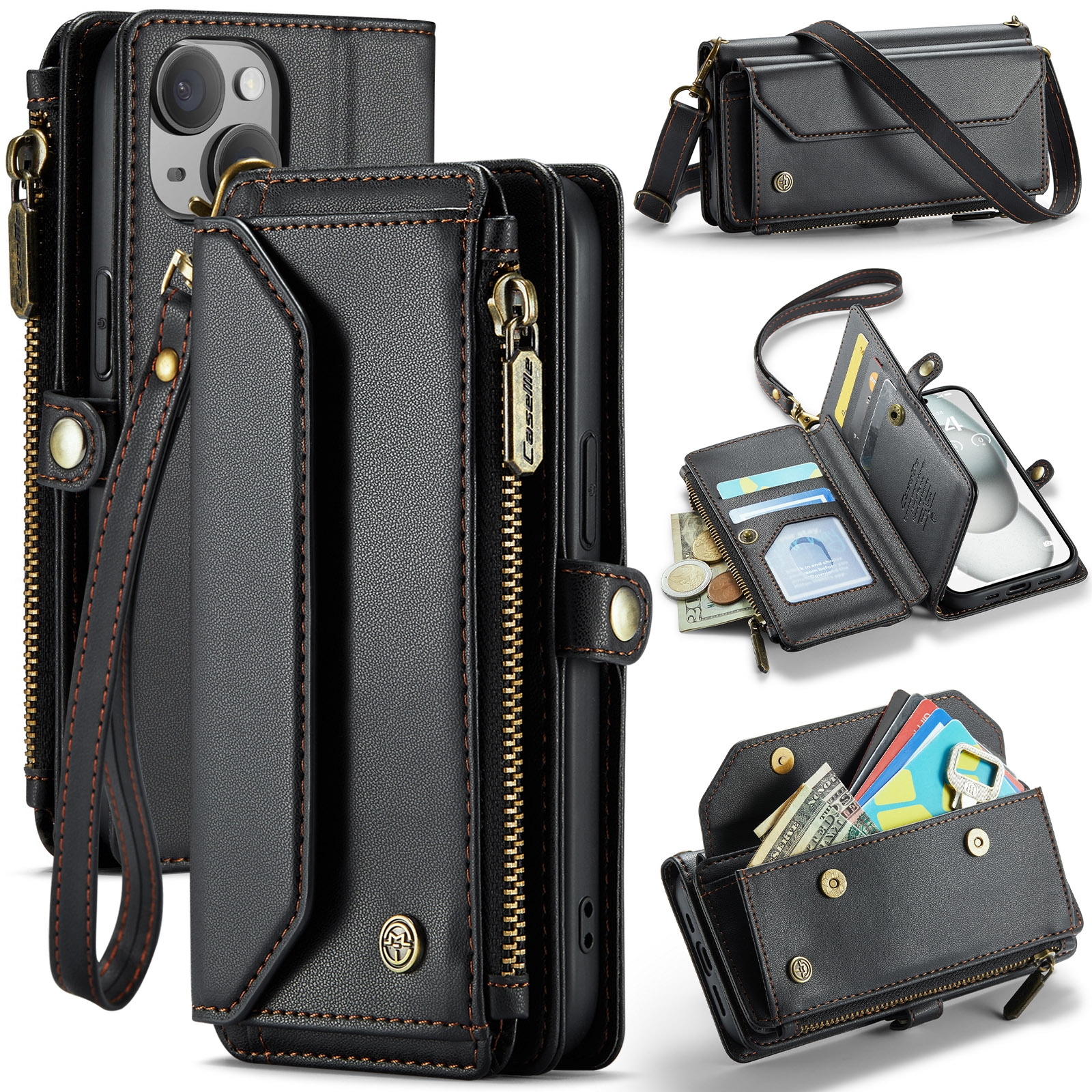 For iPhone 15 CaseMe C36 Card Slots Zipper Wallet RFID Anti-theft Leather Phone Case(Black) For iPhone 15 CaseMe C36 Card Slots Zipper Wallet RFID Anti-theft Leather Phone Case(Black)