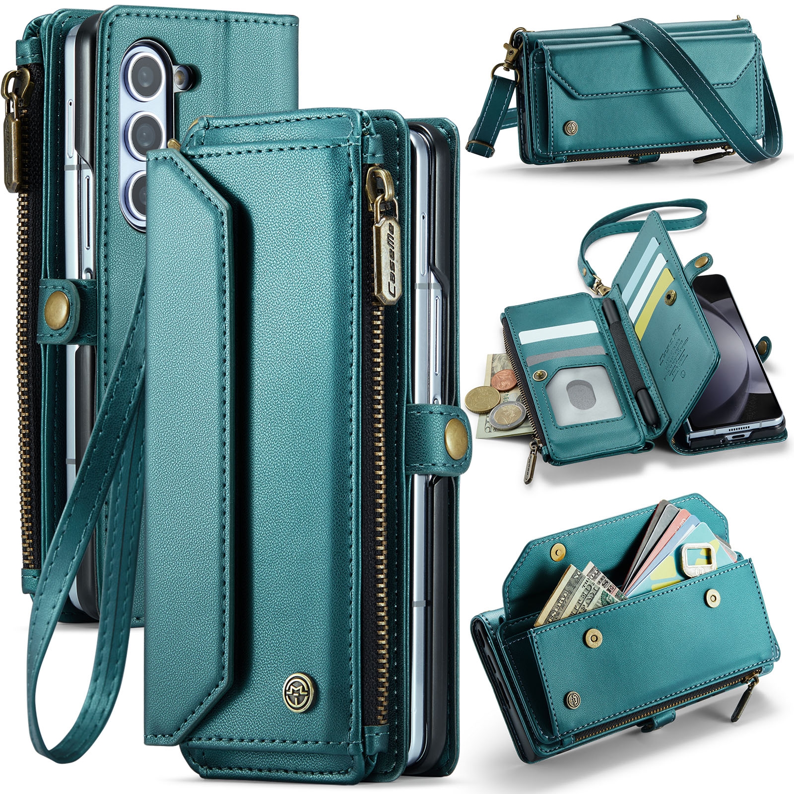 For Samsung Galaxy Z Fold5 CaseMe C36 Card Slots Zipper Wallet RFID Anti-theft Leather Phone Case(Blue-green) For Samsung Galaxy Z Fold5 CaseMe C36 Card Slots Zipper Wallet RFID Anti-theft Leather Phone Case(Blue-green)