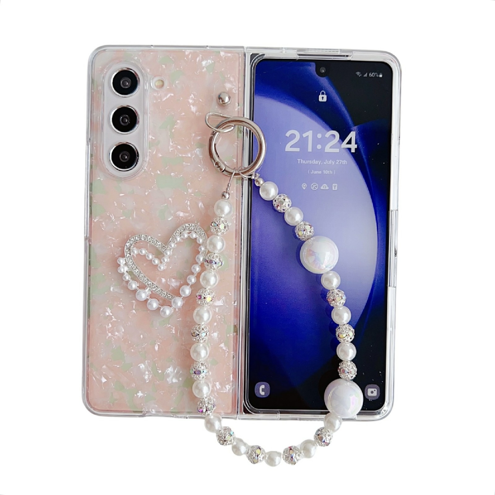 For Samsung Galaxy Z Fold5 Pearlescent Shell Texture Heart Pattern Phone Case with Bracelet(Pink) For Samsung Galaxy Z Fold5 Pearlescent Shell Texture Heart Pattern Phone Case with Bracelet(Pink)