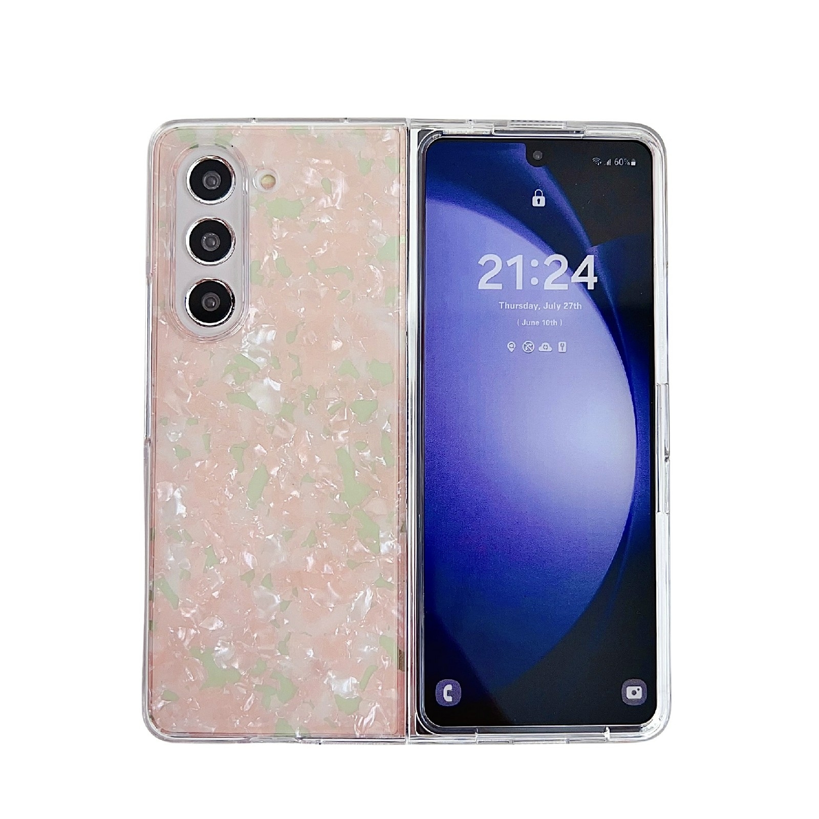 For Samsung Galaxy Z Fold4 Pearlescent Shell Texture Phone Case(Pink Green)