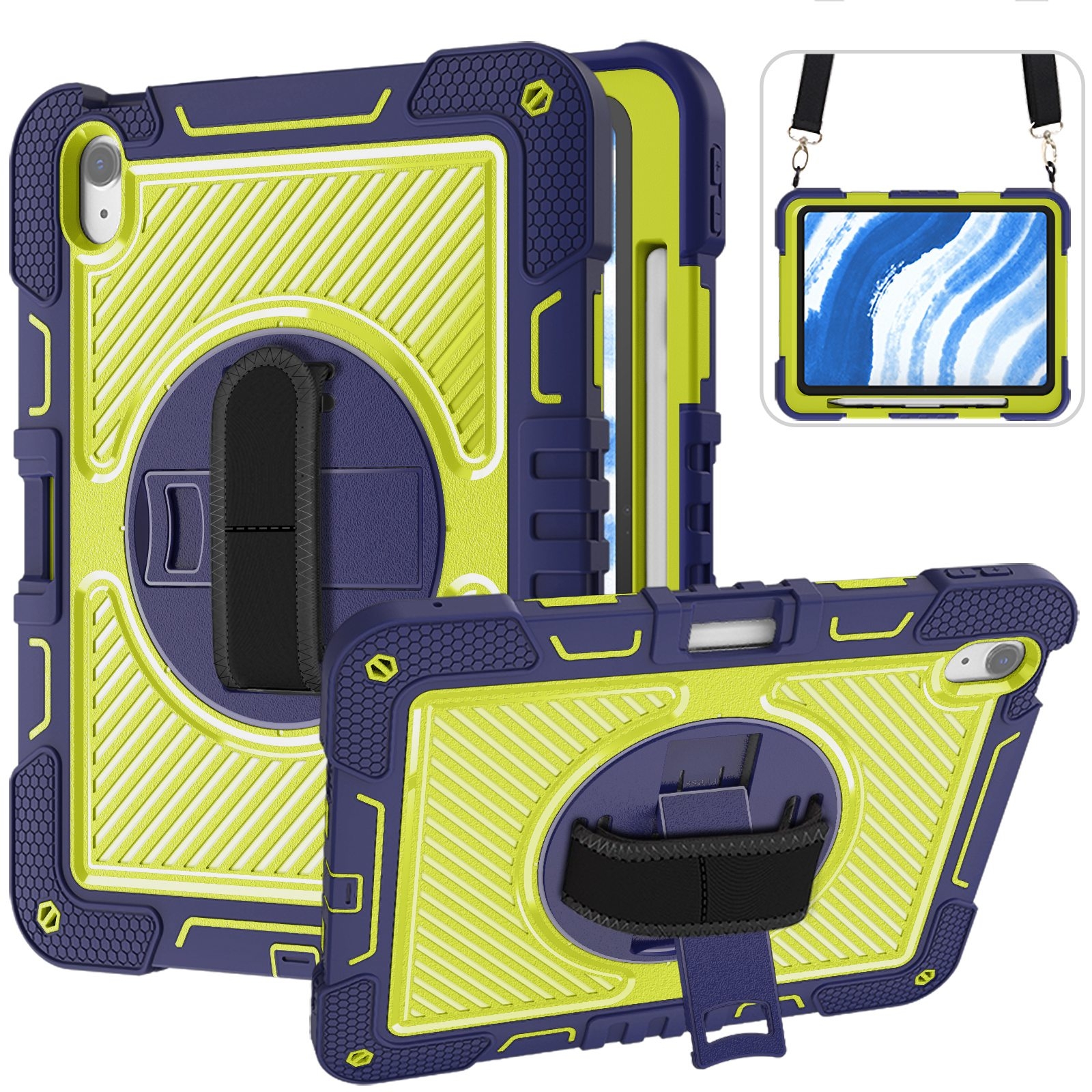 For iPad Air 11 2024 / Air 2022 10.9 360 Degree Rotation PC Contrast Silicone Tablet Case(Navy Blue + Yellow Green) For iPad Air 11 2024 / Air 2022 10.9 360 Degree Rotation PC Contrast Silicone Tablet Case(Navy Blue + Yellow Green)