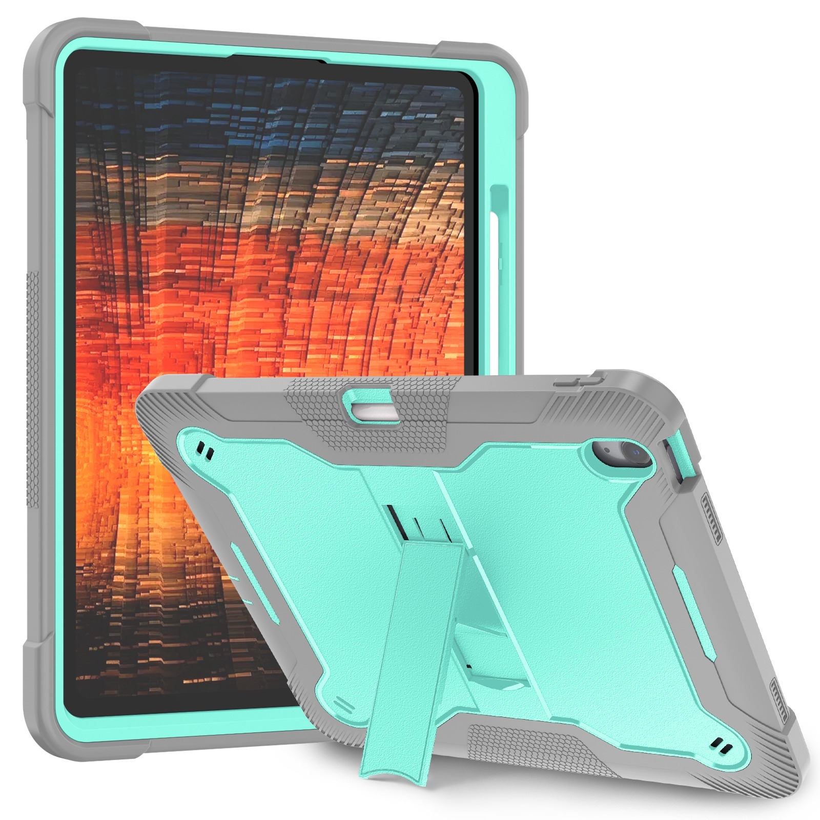 For iPad Air 13 2024 Shockproof Silicone Hybrid PC Tablet Case with Holder(Mint Green + Grey) For iPad Air 13 2024 Shockproof Silicone Hybrid PC Tablet Case with Holder(Mint Green + Grey)