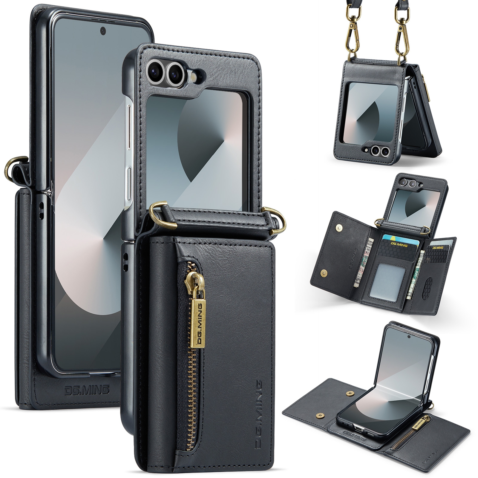 For Samsung Galaxy Z Flip6 DG.MING M5 Series Zip RFID Multi Card Detachable Leather Phone Case with Long Lanyard(Black)