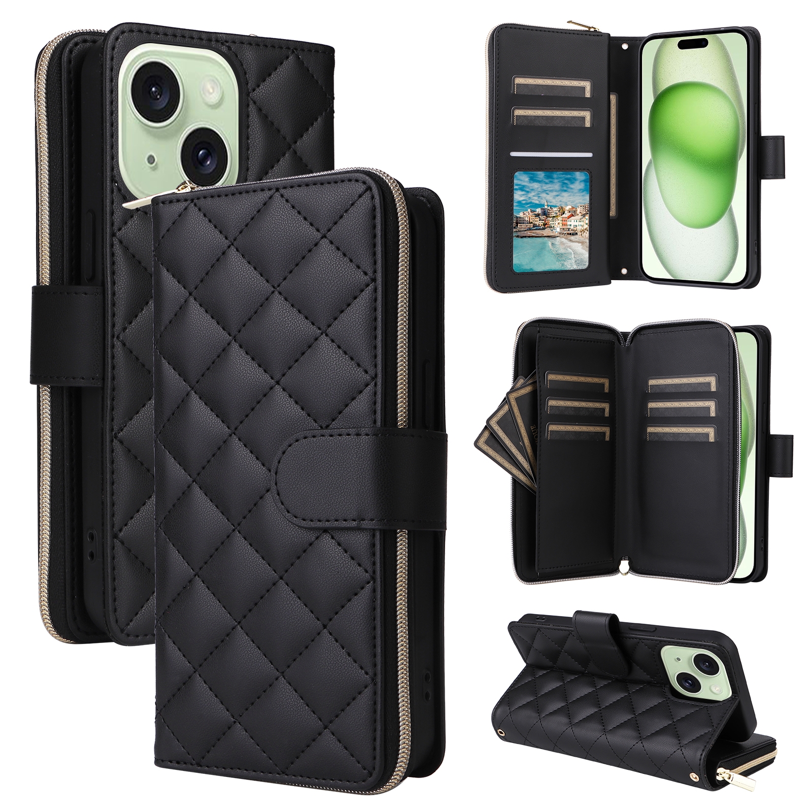 For iPhone 15 Plus / 14 Plus Crossbody Rhombic Zipper Tower Buckle Leather Phone Case with Lanyard(Black)
