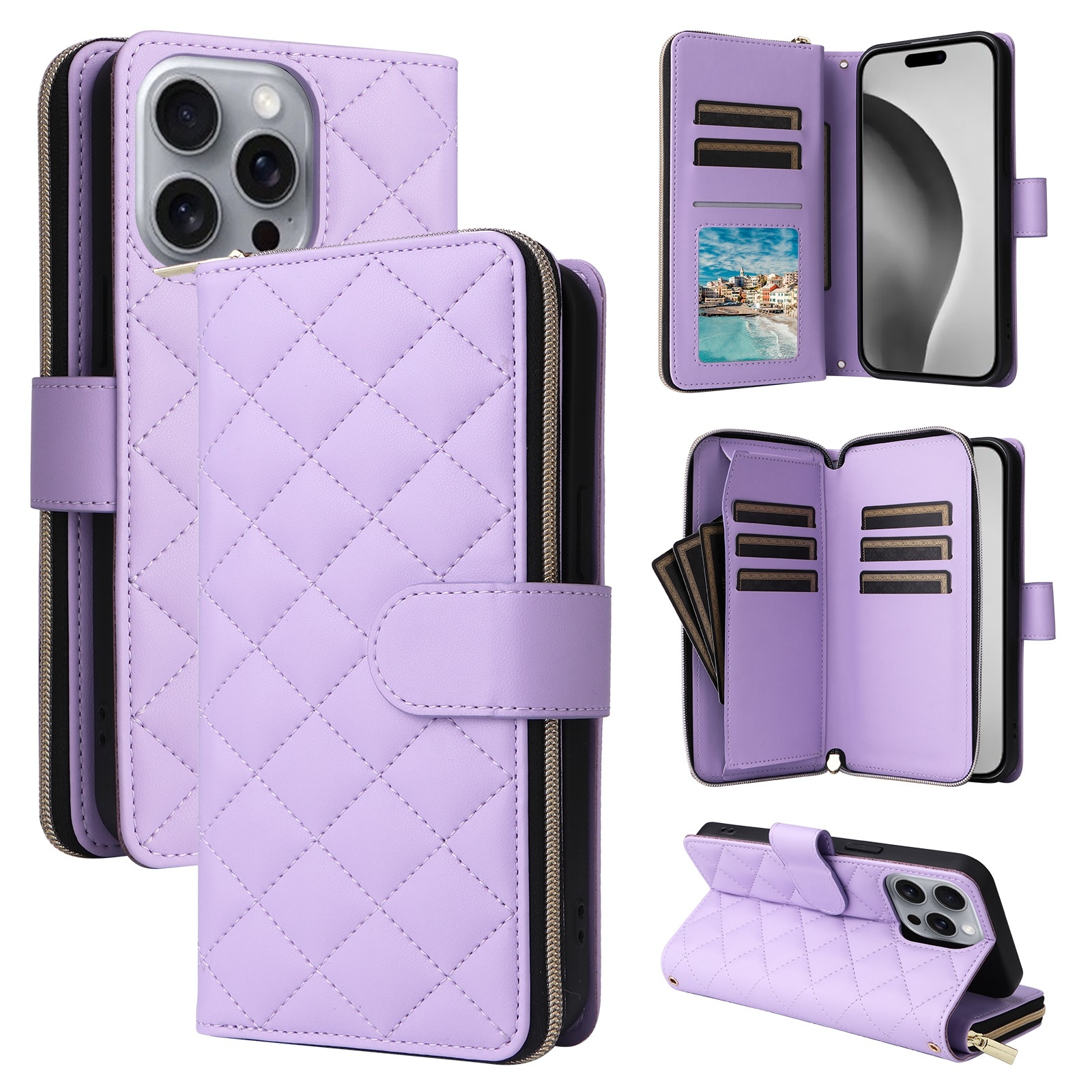 For iPhone 16 Pro Max Crossbody Rhombic Zipper Tower Buckle Leather Phone Case with Lanyard(Purple) For iPhone 16 Pro Max Crossbody Rhombic Zipper Tower Buckle Leather Phone Case with Lanyard(Purple)