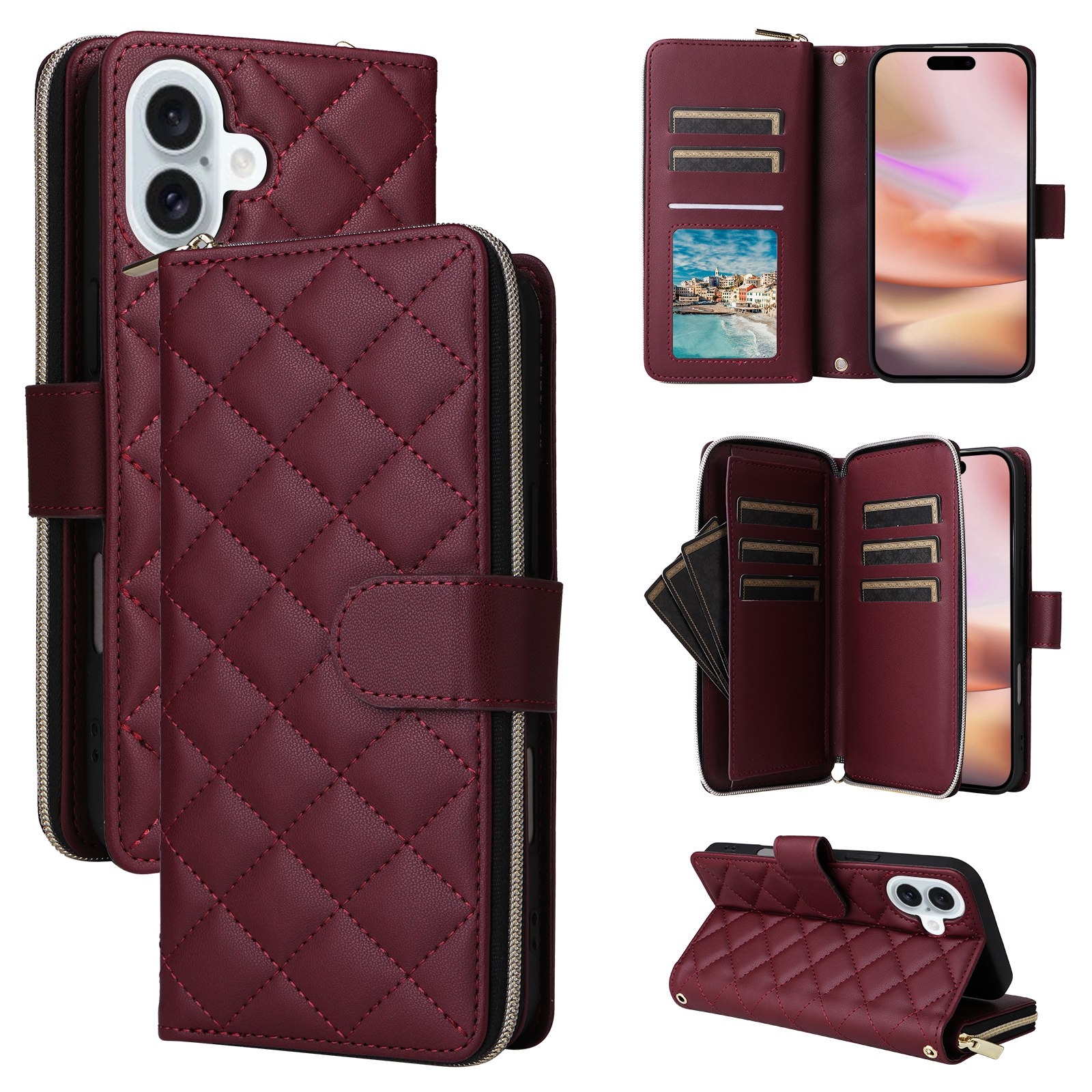 For iPhone 16 Plus Crossbody Rhombic Zipper Tower Buckle Leather Phone Case with Lanyard(Wine Red) For iPhone 16 Plus Crossbody Rhombic Zipper Tower Buckle Leather Phone Case with Lanyard(Wine Red)