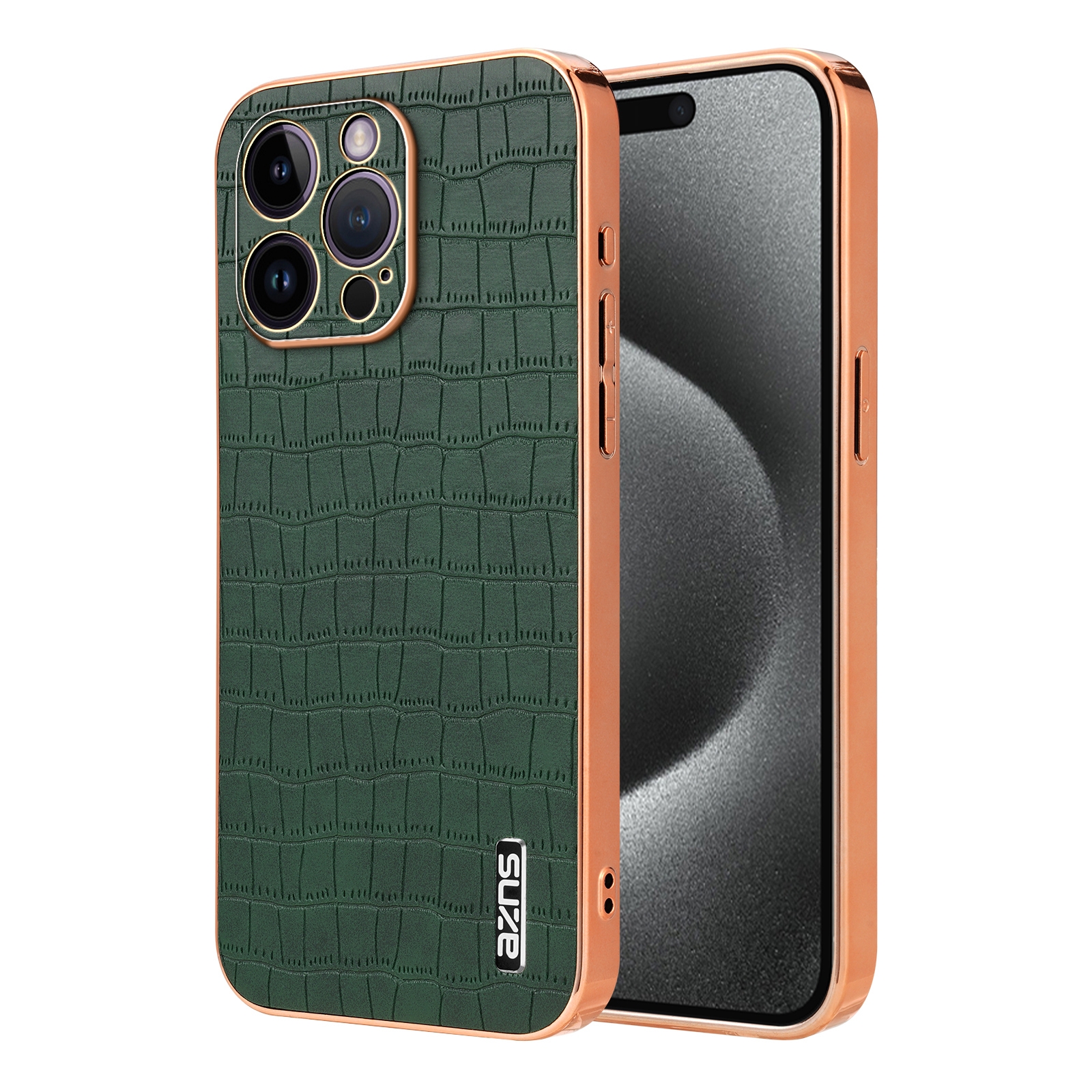 For iPhone 14 Pro AZNS Electroplated Frame Crocodile Texture Full Coverage Phone Case(Green) For iPhone 14 Pro AZNS Electroplated Frame Crocodile Texture Full Coverage Phone Case(Green)