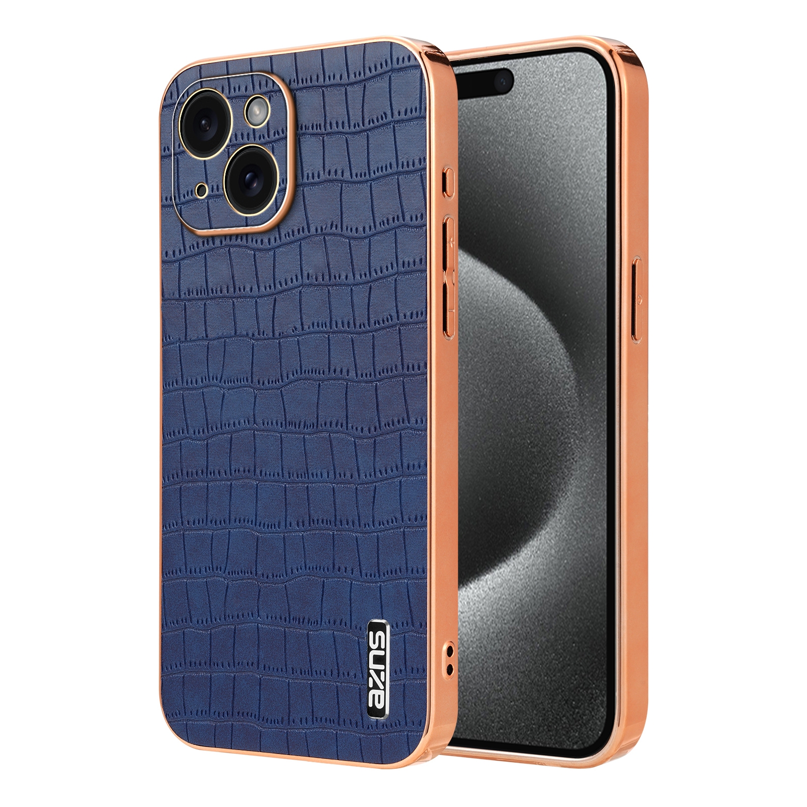For iPhone 15 AZNS Electroplated Frame Crocodile Texture Full Coverage Phone Case(Blue) For iPhone 15 AZNS Electroplated Frame Crocodile Texture Full Coverage Phone Case(Blue)
