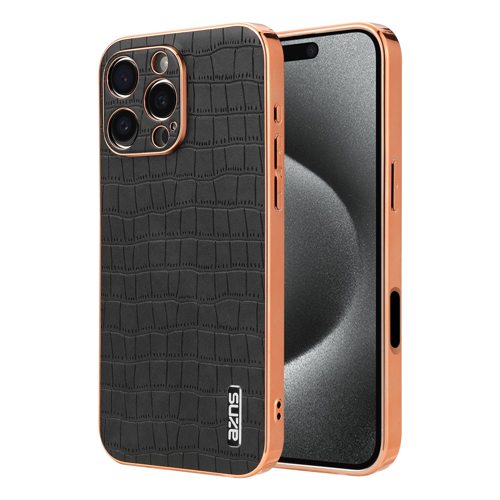 For iPhone 16 Pro Max AZNS Electroplated Frame Crocodile Texture Full Coverage Phone Case(Black) For iPhone 16 Pro Max AZNS Electroplated Frame Crocodile Texture Full Coverage Phone Case(Black)