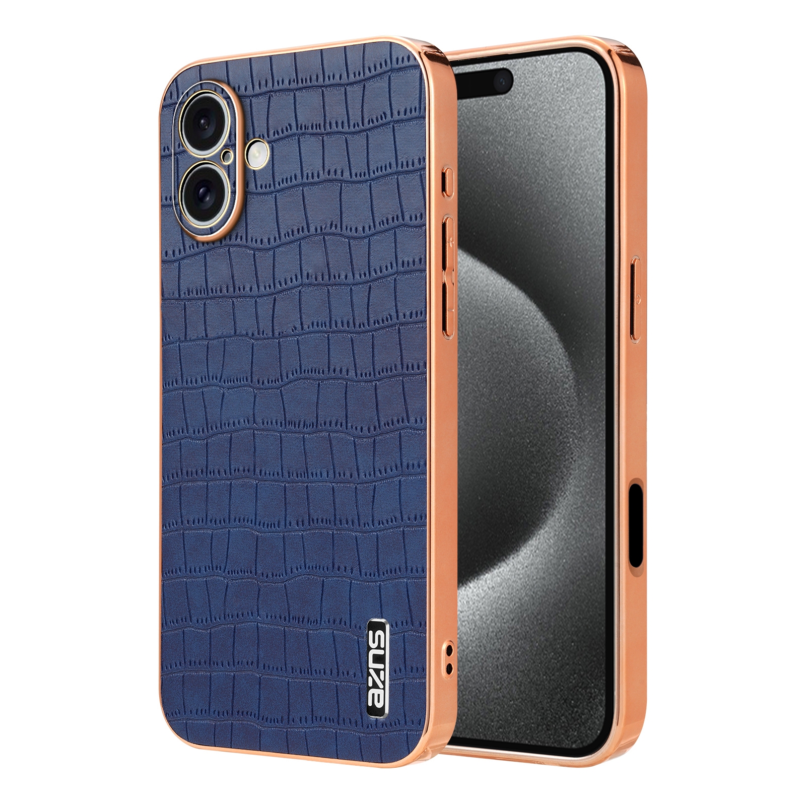 For iPhone 16 AZNS Electroplated Frame Crocodile Texture Full Coverage Phone Case(Blue) For iPhone 16 AZNS Electroplated Frame Crocodile Texture Full Coverage Phone Case(Blue)