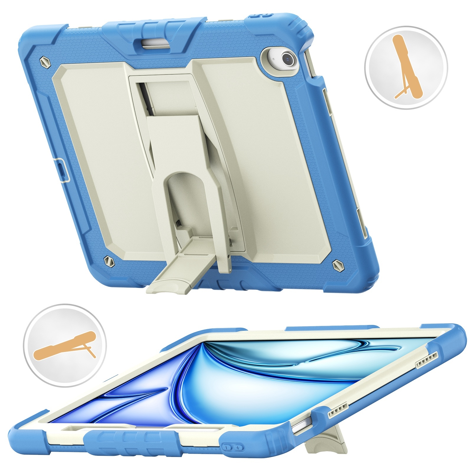 For iPad Air 13 2024 Silicone Hydric PC Tablet Case with Shoulder Strap & Holder(Beige Cyan-blue) For iPad Air 13 2024 Silicone Hydric PC Tablet Case with Shoulder Strap & Holder(Beige Cyan-blue)