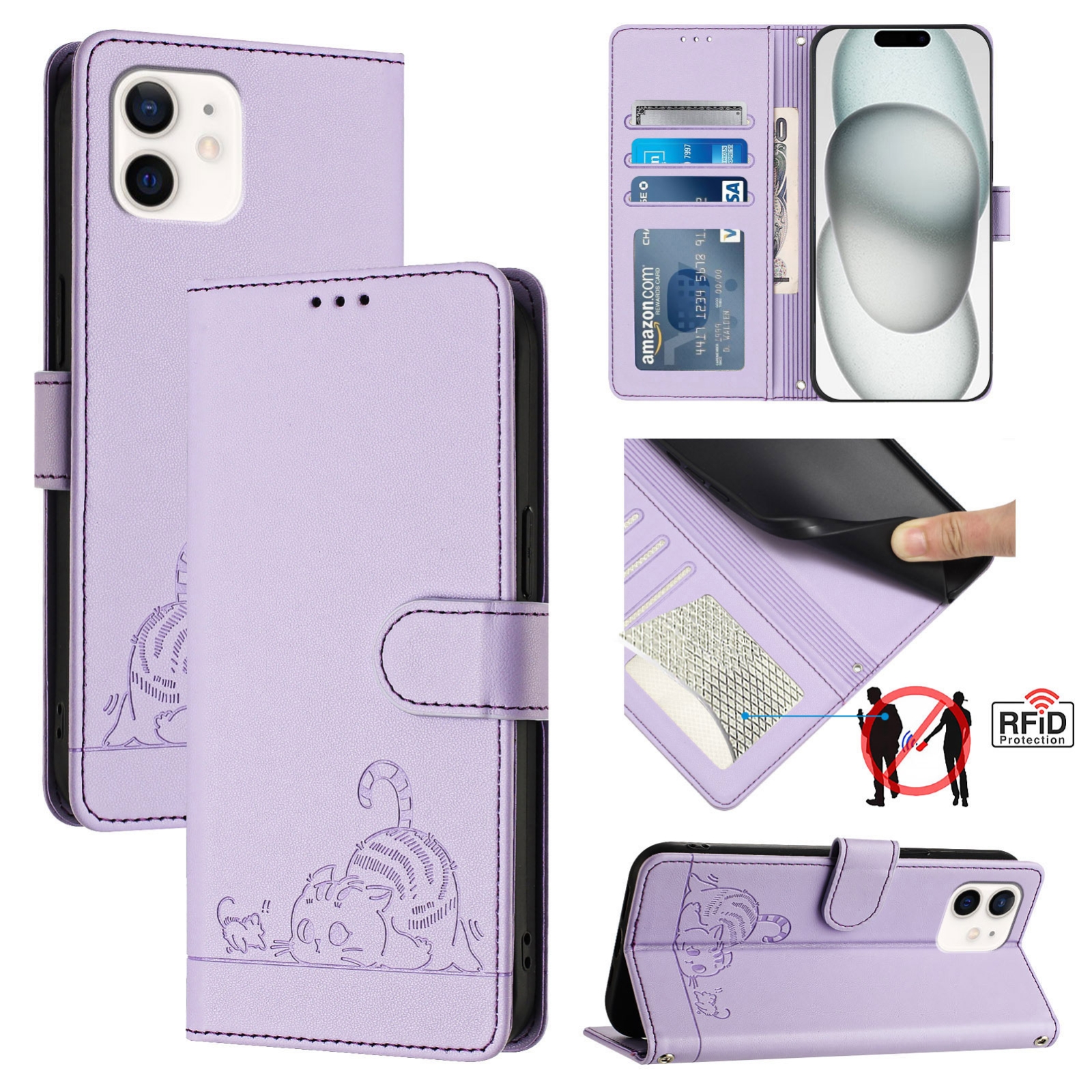 For iPhone 11 Cat Rat Embossed Pattern RFID PU Phone Case with Wrist Strap(Purple) For iPhone 11 Cat Rat Embossed Pattern RFID PU Phone Case with Wrist Strap(Purple)