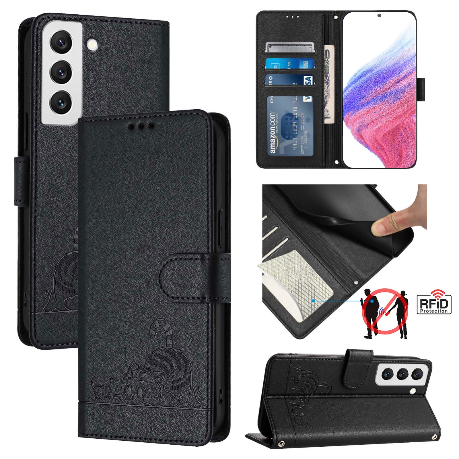 For Samsung Galax S22 Cat Rat Embossed Pattern RFID PU Phone Case with Wrist Strap(Black) For Samsung Galax S22 Cat Rat Embossed Pattern RFID PU Phone Case with Wrist Strap(Black)