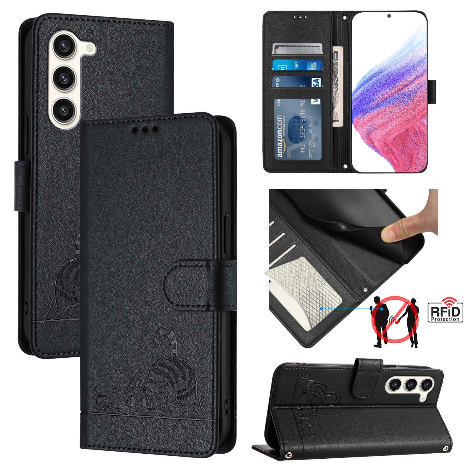 For Samsung Galax S23 5G Cat Rat Embossed Pattern RFID PU Phone Case with Wrist Strap(Black) For Samsung Galax S23 5G Cat Rat Embossed Pattern RFID PU Phone Case with Wrist Strap(Black)