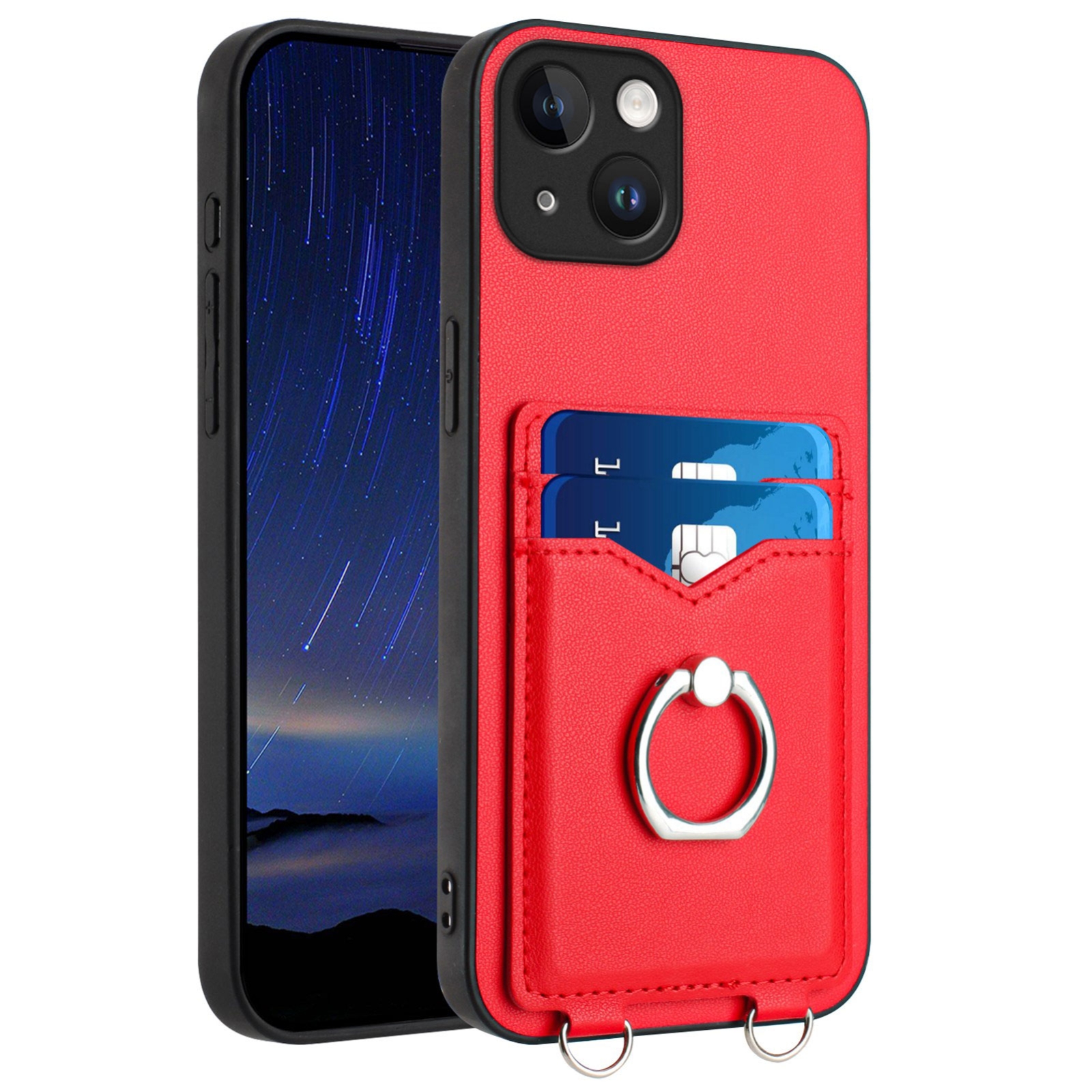 For iPhone 14 R20 Ring Card Holder Phone Case(Red) For iPhone 14 R20 Ring Card Holder Phone Case(Red)