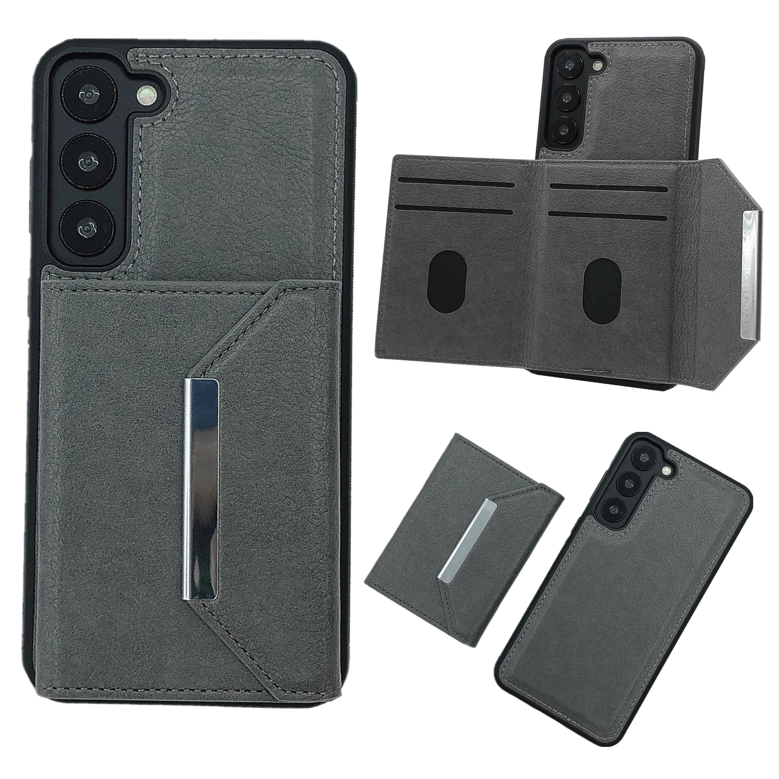 For Samsung Galaxy S23+ 5G Solid Color Metal Buckle Card Slots Bag Phone Case(Grey) For Samsung Galaxy S23+ 5G Solid Color Metal Buckle Card Slots Bag Phone Case(Grey)