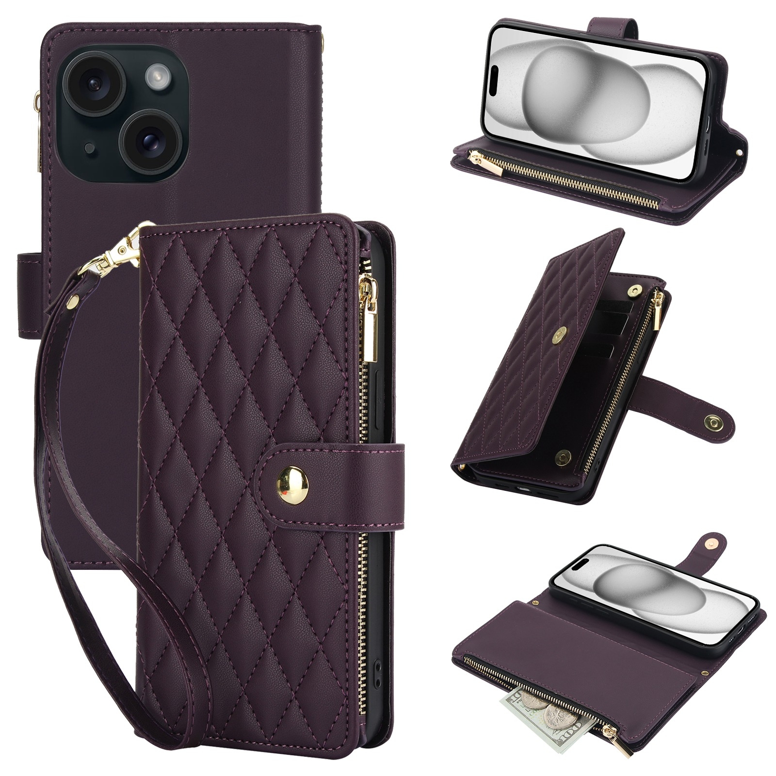 For iPhone 15 YM016 Rhombic Zipper Card Wallet Leather Phone Case with Lanyard(Dark Purple) For iPhone 15 YM016 Rhombic Zipper Card Wallet Leather Phone Case with Lanyard(Dark Purple)