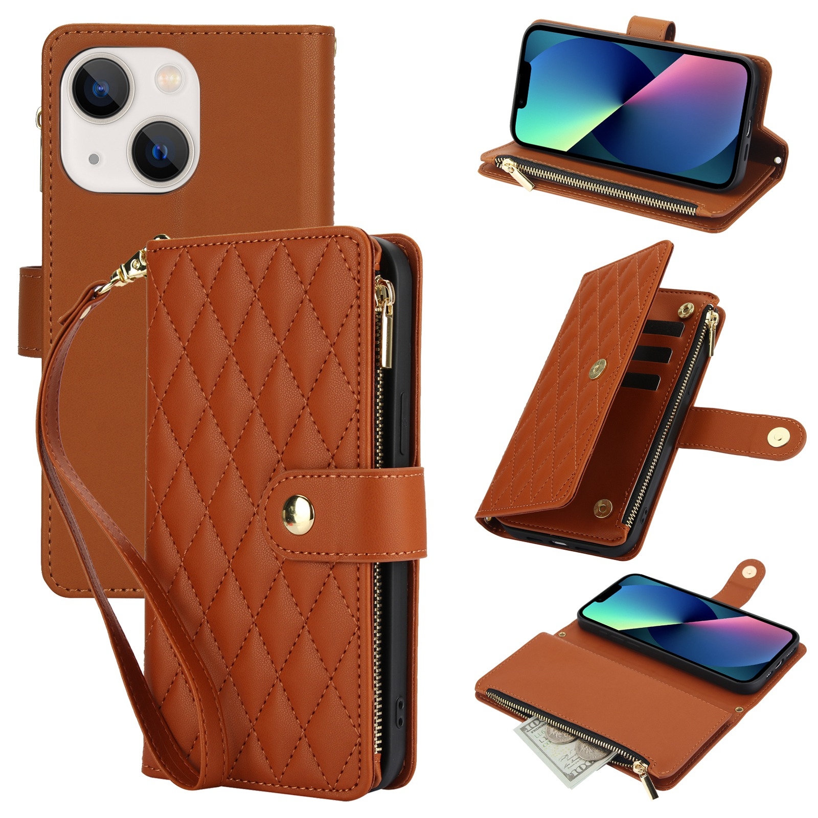 For iPhone 13 mini YM016 Rhombic Zipper Card Wallet Leather Phone Case with Lanyard(Brown) For iPhone 13 mini YM016 Rhombic Zipper Card Wallet Leather Phone Case with Lanyard(Brown)