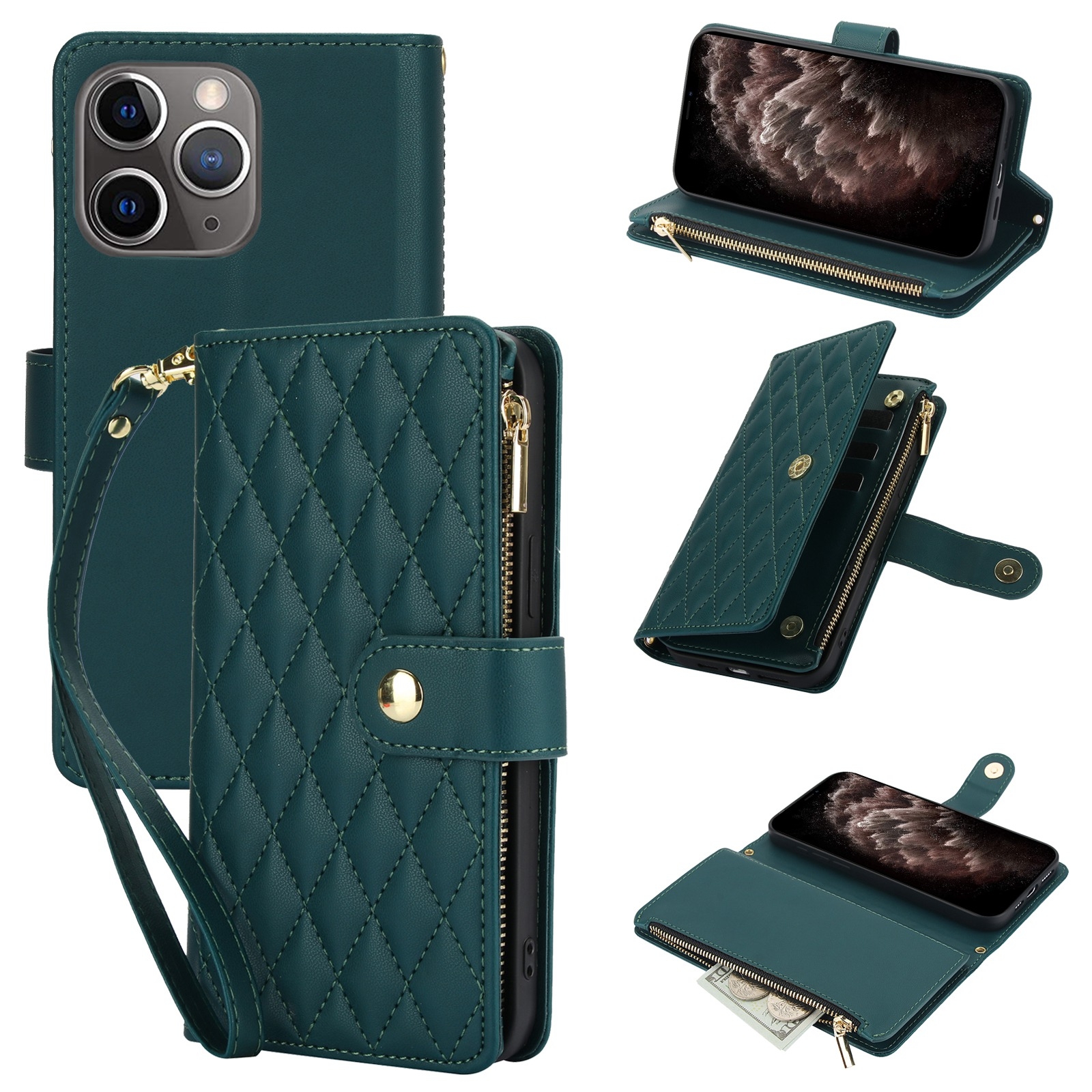 For iPhone 11 Pro Max YM016 Rhombic Zipper Card Wallet Leather Phone Case with Lanyard(Green)