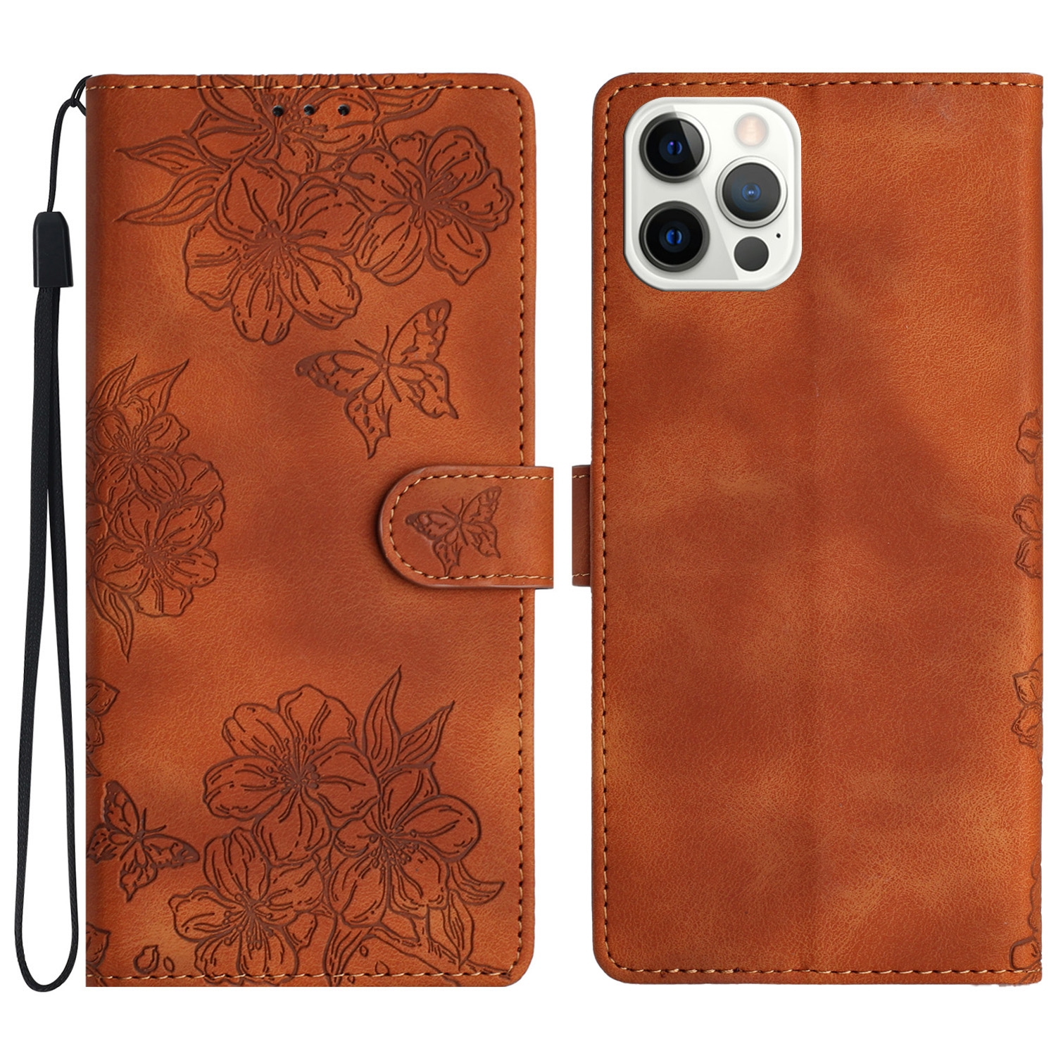 For iPhone 15 Pro Cherry Blossom Butterfly Skin Feel Embossed PU Phone Case(Brown) For iPhone 15 Pro Cherry Blossom Butterfly Skin Feel Embossed PU Phone Case(Brown)