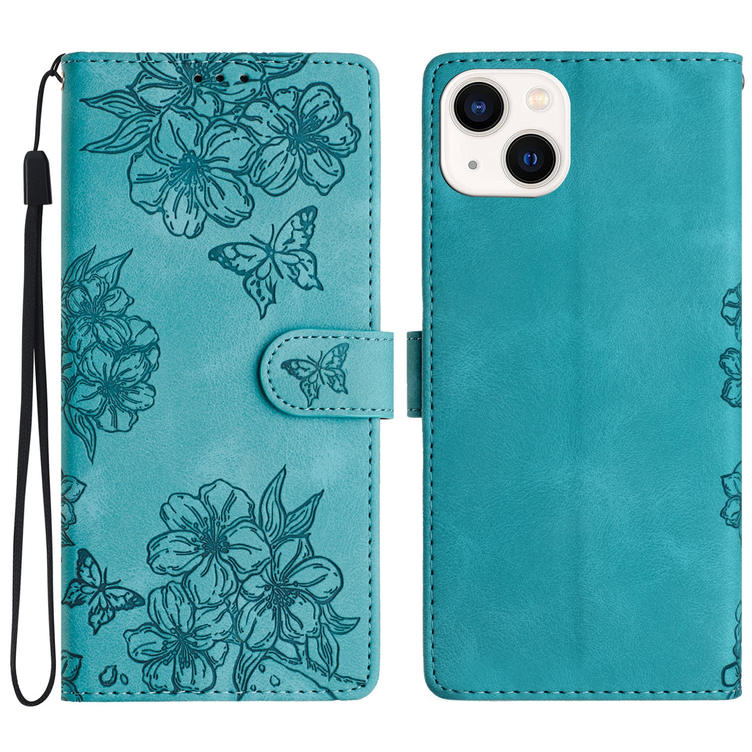 For iPhone 15 Plus Cherry Blossom Butterfly Skin Feel Embossed PU Phone Case(Green)