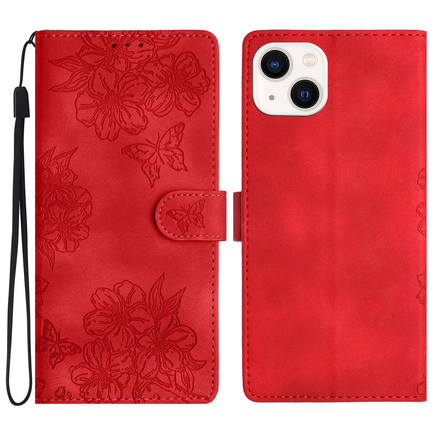 For iPhone 15 Cherry Blossom Butterfly Skin Feel Embossed PU Phone Case(Red) For iPhone 15 Cherry Blossom Butterfly Skin Feel Embossed PU Phone Case(Red)