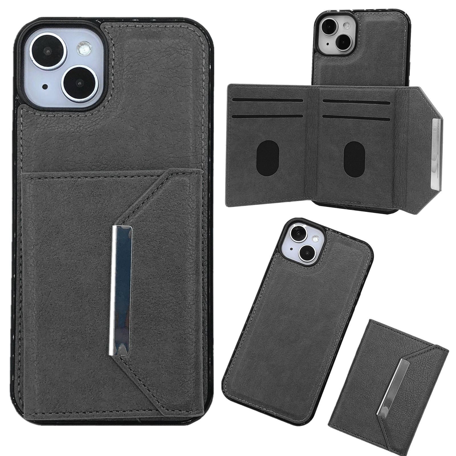 For iPhone 14 Solid Color Metal Buckle Card Slots Bag Phone Case(Grey) For iPhone 14 Solid Color Metal Buckle Card Slots Bag Phone Case(Grey)