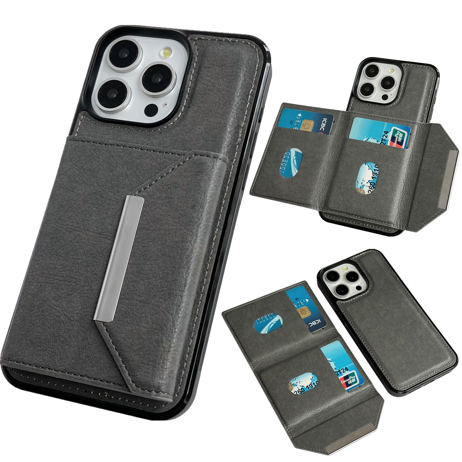 For iPhone 14 Pro Solid Color Metal Buckle Card Slots Bag Phone Case(Grey) For iPhone 14 Pro Solid Color Metal Buckle Card Slots Bag Phone Case(Grey)