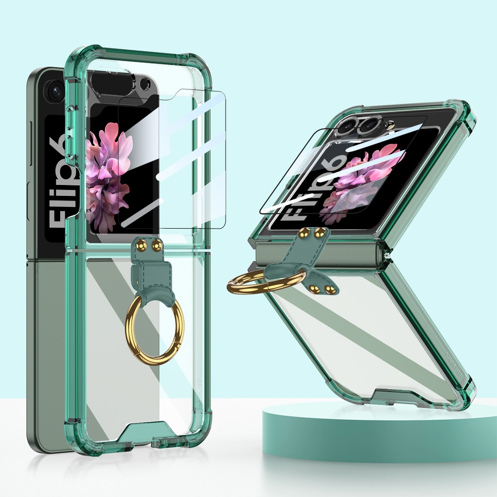 For Samsung Galaxy Z Flip6 GKK Airbag Ring Full Coverage Phone Case with Tempered Film(Green) For Samsung Galaxy Z Flip6 GKK Airbag Ring Full Coverage Phone Case with Tempered Film(Green)