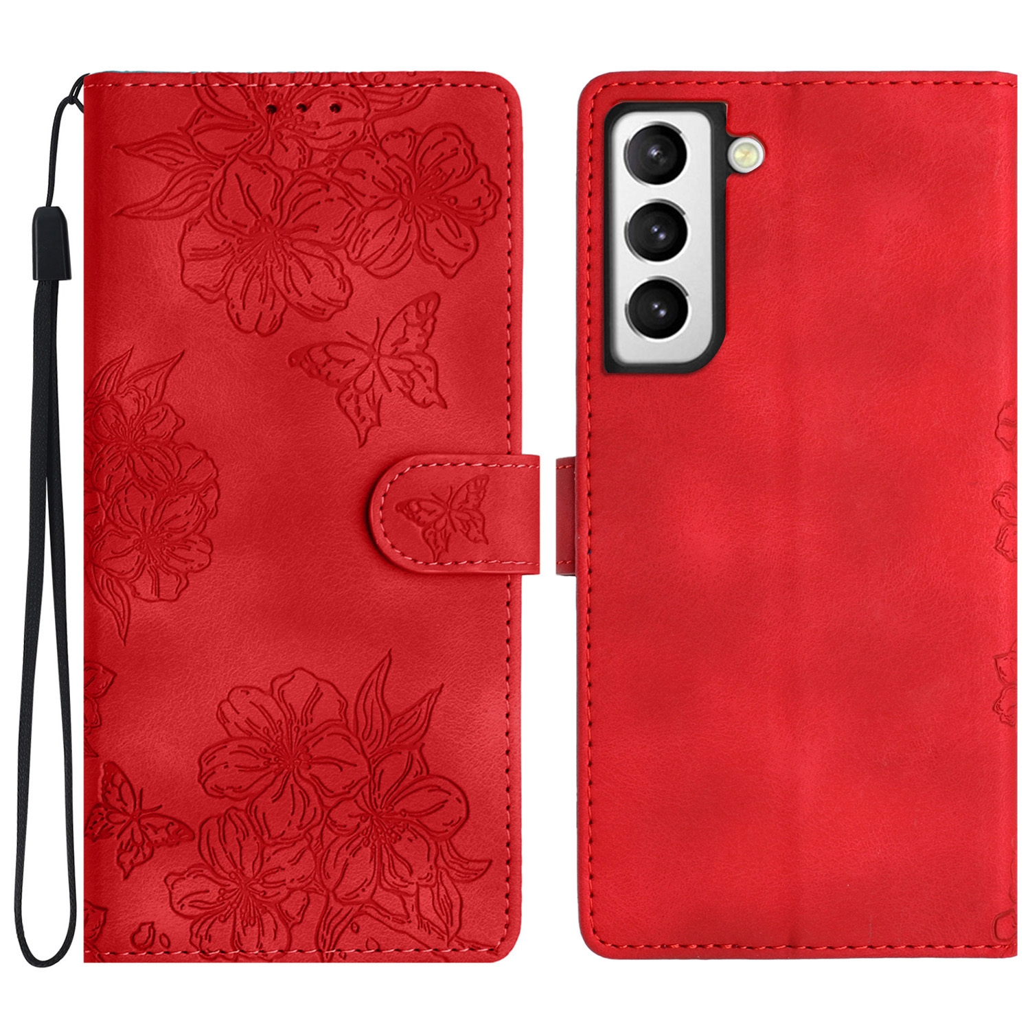 For Samsung Galaxy S21+ 5G Cherry Blossom Butterfly Skin Feel Embossed PU Phone Case(Red) For Samsung Galaxy S21+ 5G Cherry Blossom Butterfly Skin Feel Embossed PU Phone Case(Red)