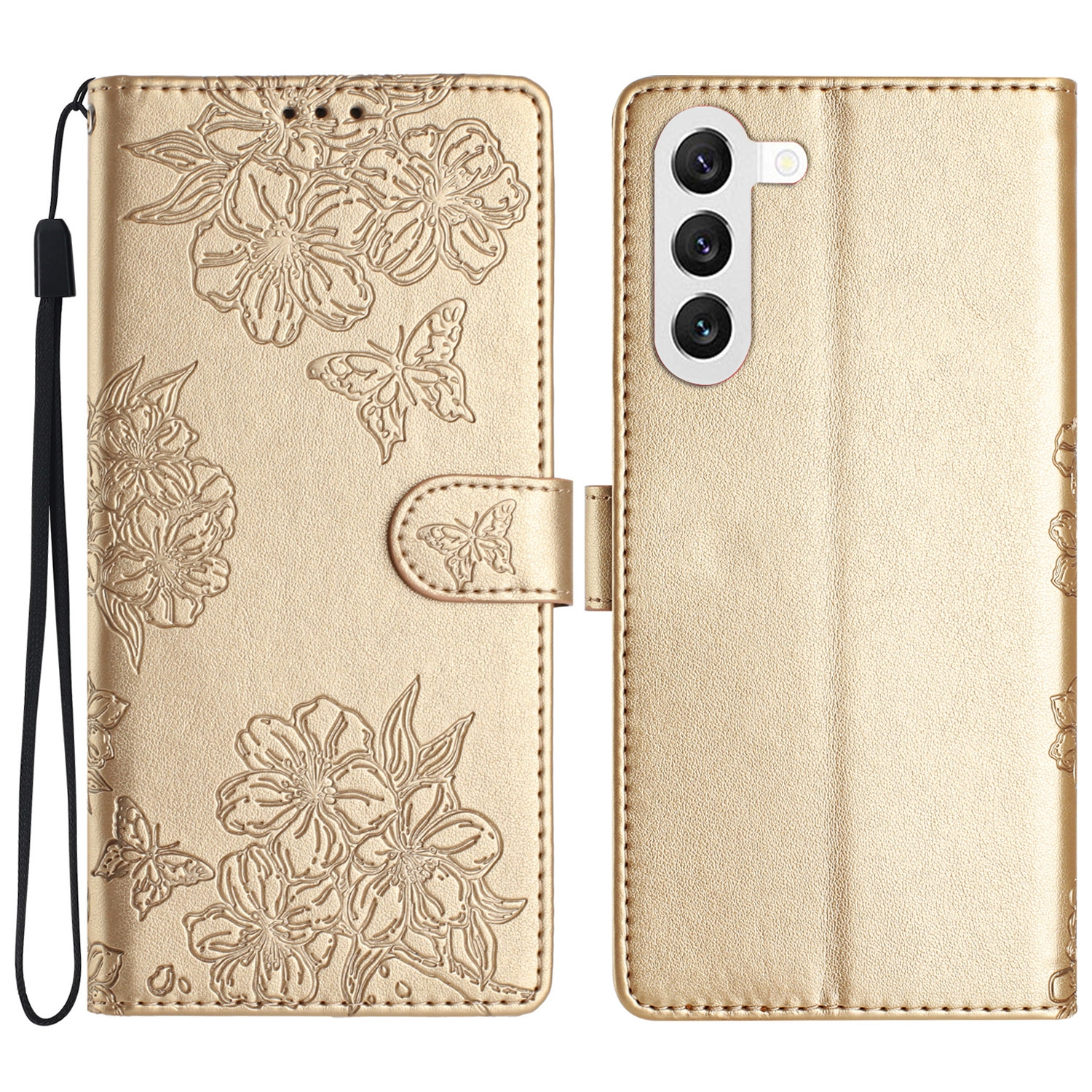 For Samsung Galaxy S23+ 5G Cherry Blossom Butterfly Skin Feel Embossed PU Phone Case(Gold) For Samsung Galaxy S23+ 5G Cherry Blossom Butterfly Skin Feel Embossed PU Phone Case(Gold)