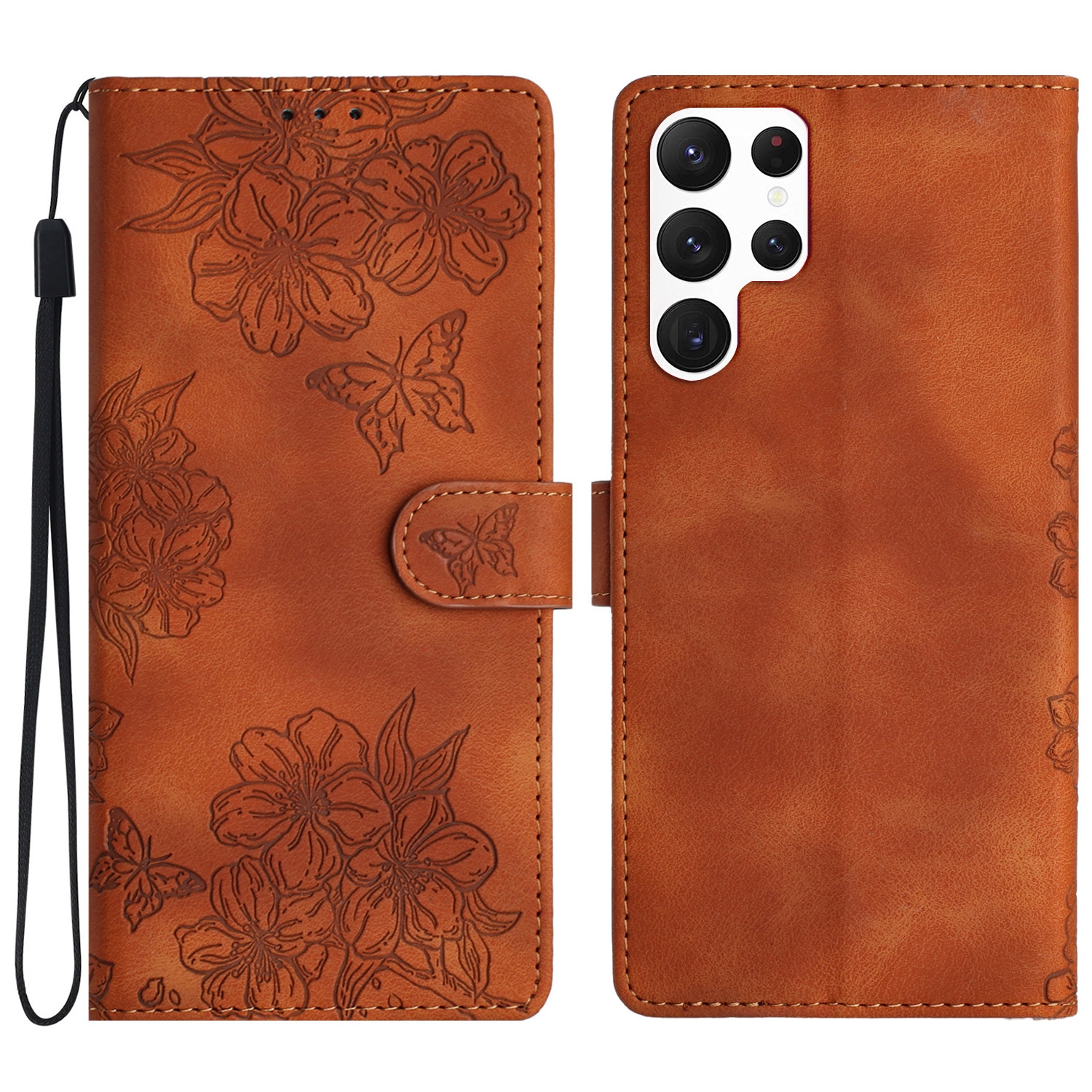 For Samsung Galaxy S23 Ultra 5G Cherry Blossom Butterfly Skin Feel Embossed PU Phone Case(Brown) For Samsung Galaxy S23 Ultra 5G Cherry Blossom Butterfly Skin Feel Embossed PU Phone Case(Brown)